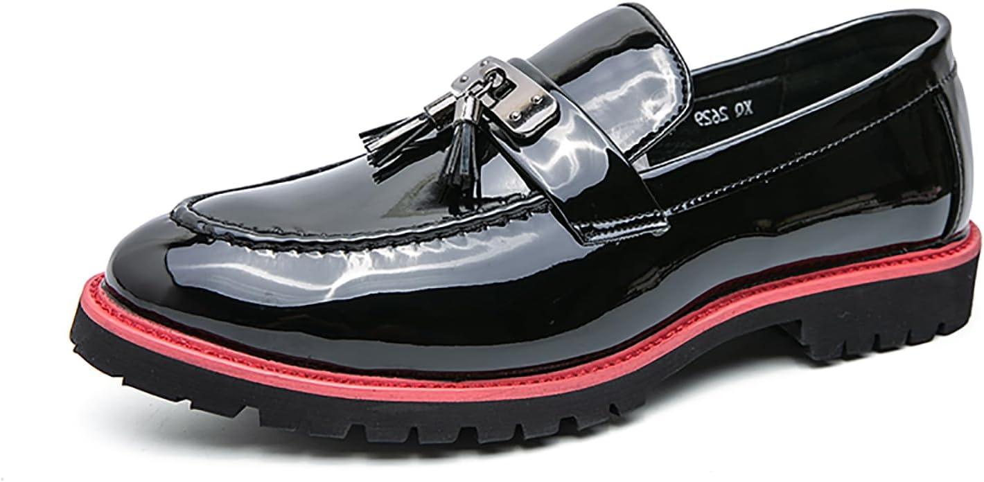 Men's Patent Leather Chain Decor Loafers Lug Sole Non-Slip Platform Tassel Dress Shoes Comfort Pointed Toe Slip-on Block Heel Oxfords for Business Driving Office Walking