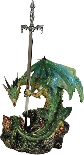 Ebros Gift Legendario brillante verde metálico blindado centinela caballero dragón sosteniendo Tiki Murciélago espada abrecartas figura figura