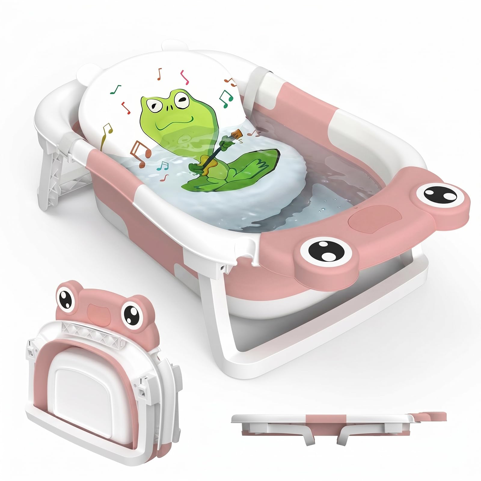 Foldable Baby Bath Tub Collapsible Toddler Bathtub Baby Bath Essentials for Newborn with Seat Support Cushion Stand Folding Baths for Infant 0-12 Months Kids Babies Gift Portable Travel Bathing Tubs