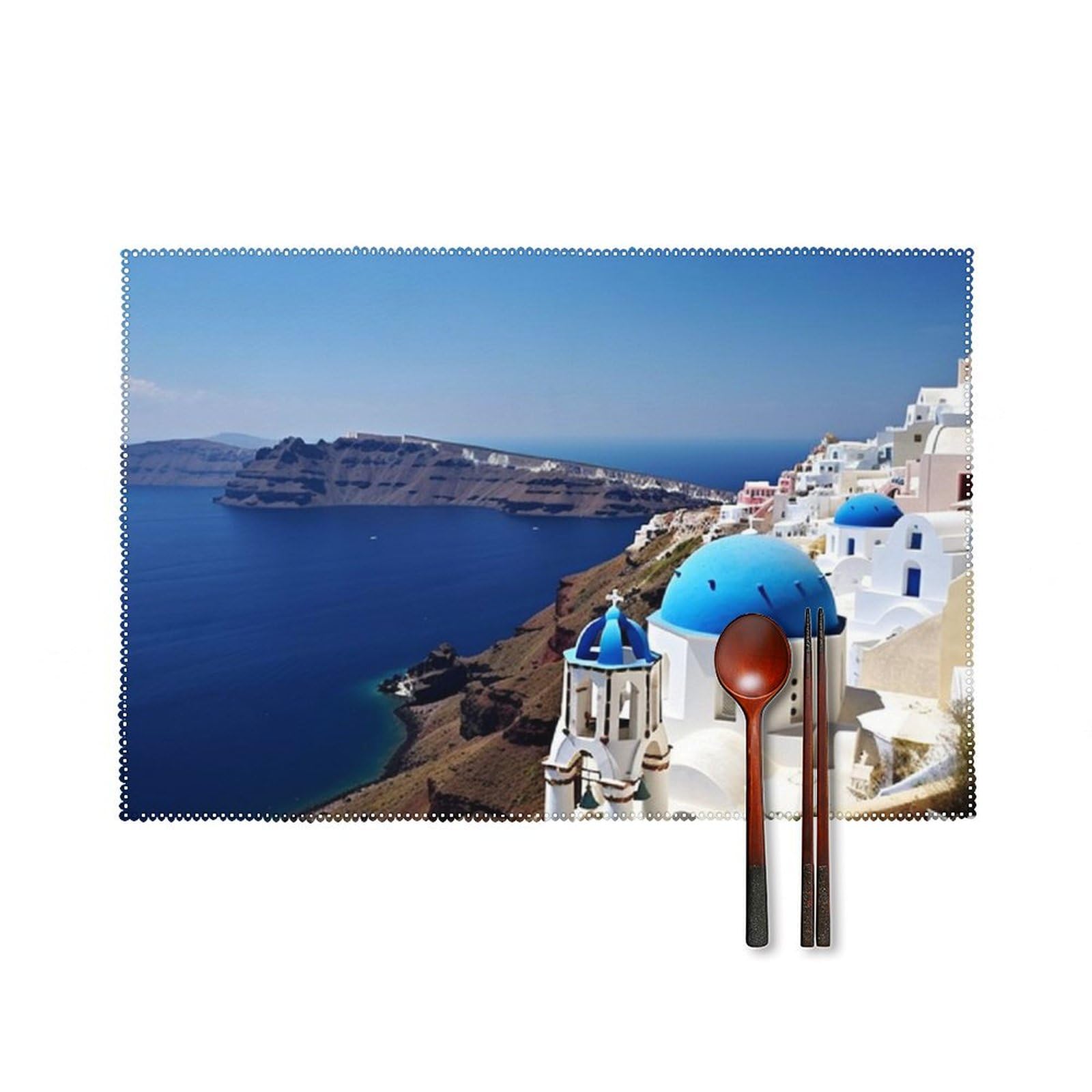 Santorini Greek Island Sea View Placemats Set of 6 Heat Resistant Place Mat Anti Slip Reversible Table Mats Washable Table Mats Non-Slip Stain Table Placemats for Kitchen Dining Party