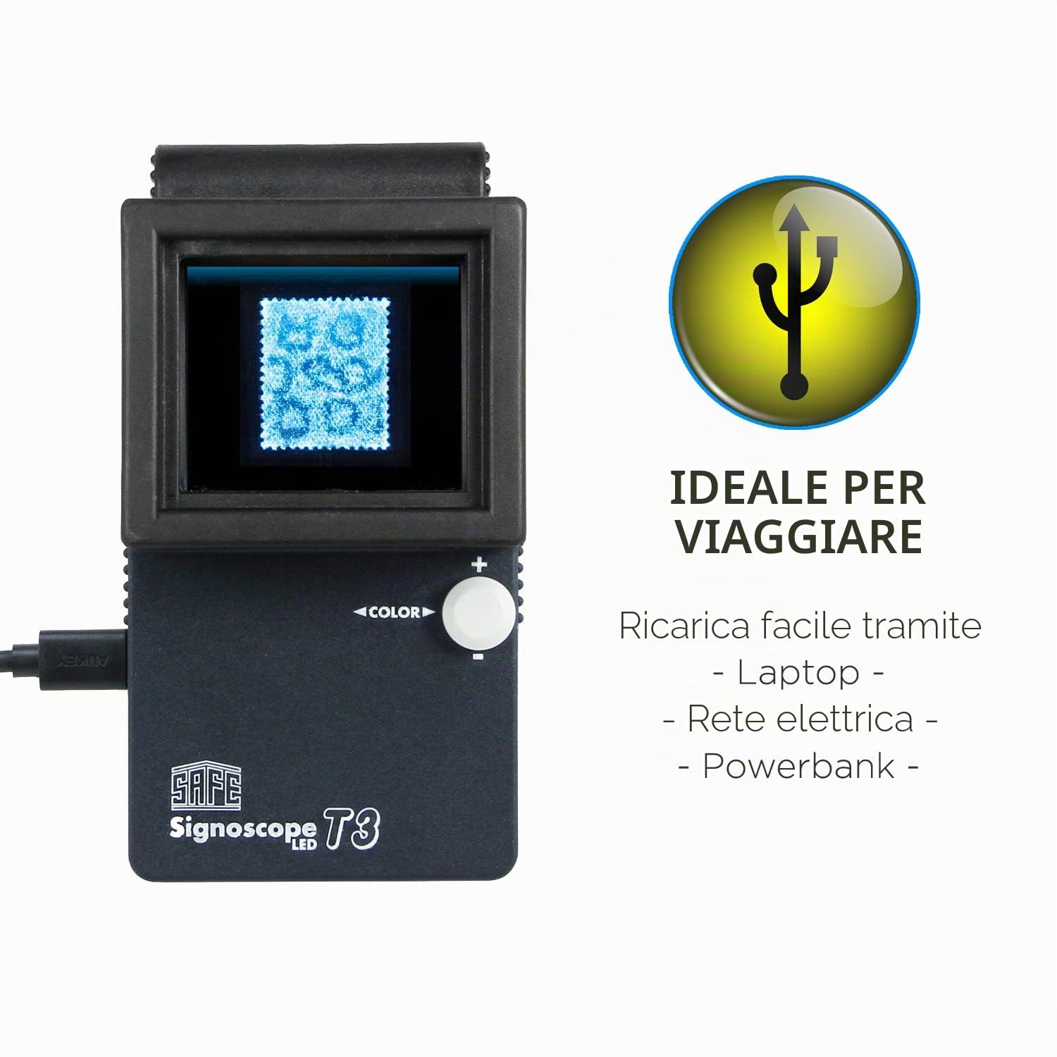 SAFE 9893 Rilevatore di filigrana Signoscope T3 | Tester di filigrana con 3 LED regolabili ad 8 colori | rende visibili le differenze di filigrana sui francobolli