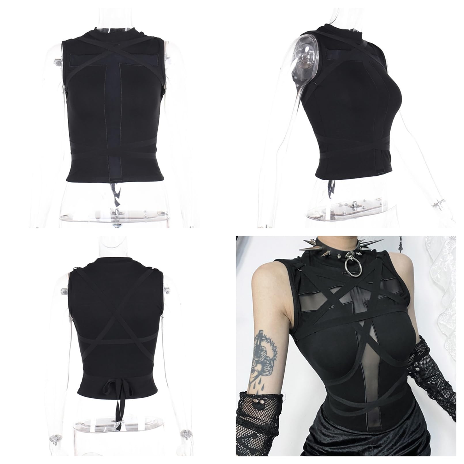Women Gothic Crop Tank Top Y2k Shirt Cropped T-Shirts Halloween Costume: Black 2 Small