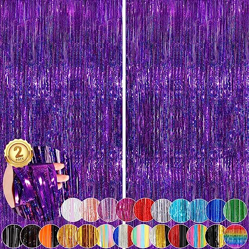Image of 2 Pack Purple Metallic Tinsel Foil Fringe Curtains, Purple Streamers 3.3 x 8.3ft Party Streamers for Birthday Party Decorations, Foil Curtain Backdrop for Wedding Bachelorette Party, Halloween Decor