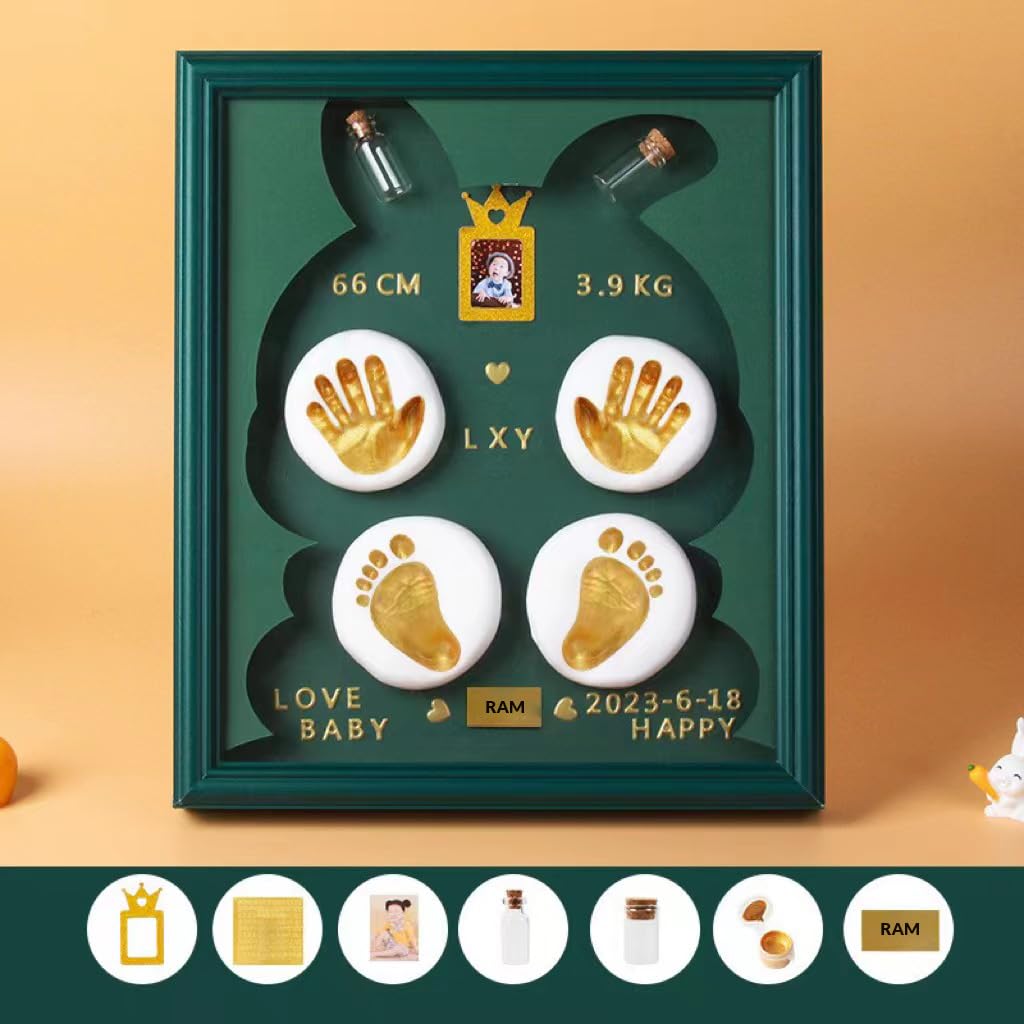 Bawy Baby Clay Hand Print and Footprint kit.Baby Impression kit with Frame 2 Hand and 2 feet,Baby Foot Print kit, Baby Record, Gift for Pregnant Woman, Baby Shower Gifts for mom to be (Rabbit Green) 2