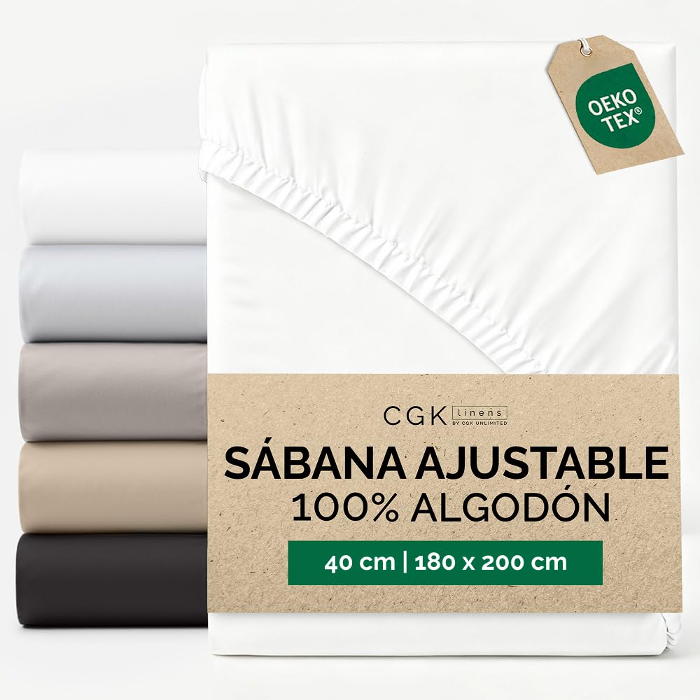 Sábana Bajera 180x200cm - 100% Algodón para Colchones de hasta 40 cm de Altura - Algodón Premium de 400 Hilos - Ideal para Camas Box Spring - Paquete Individual - Certificación Oeko-Tex - Blanco