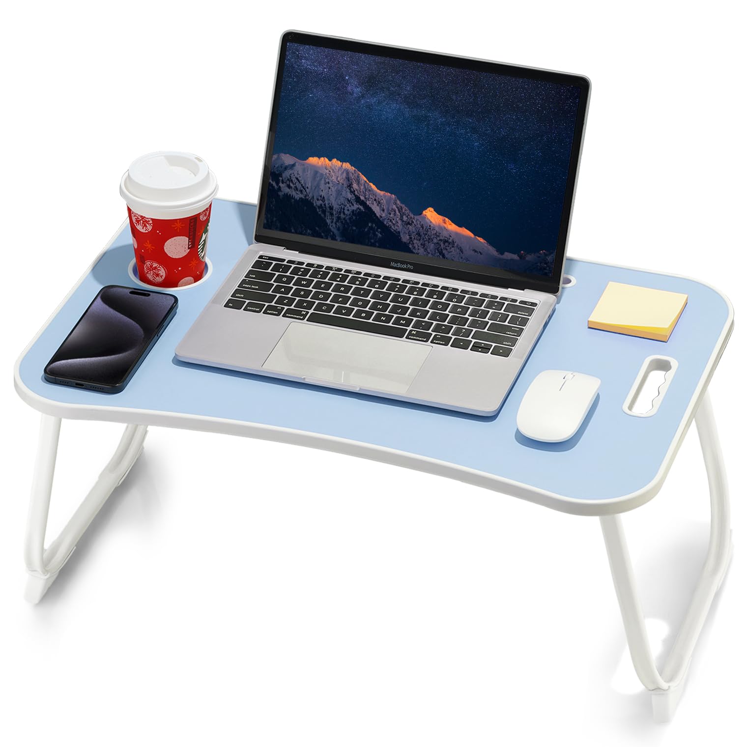 Laptop Bed Desk, Foldable Lap Table, Portable Study Table, Laptop Stand with Cup Holder & Tablet Slot & Lifting Handle for Working Writing Drawing & Eating - Blue