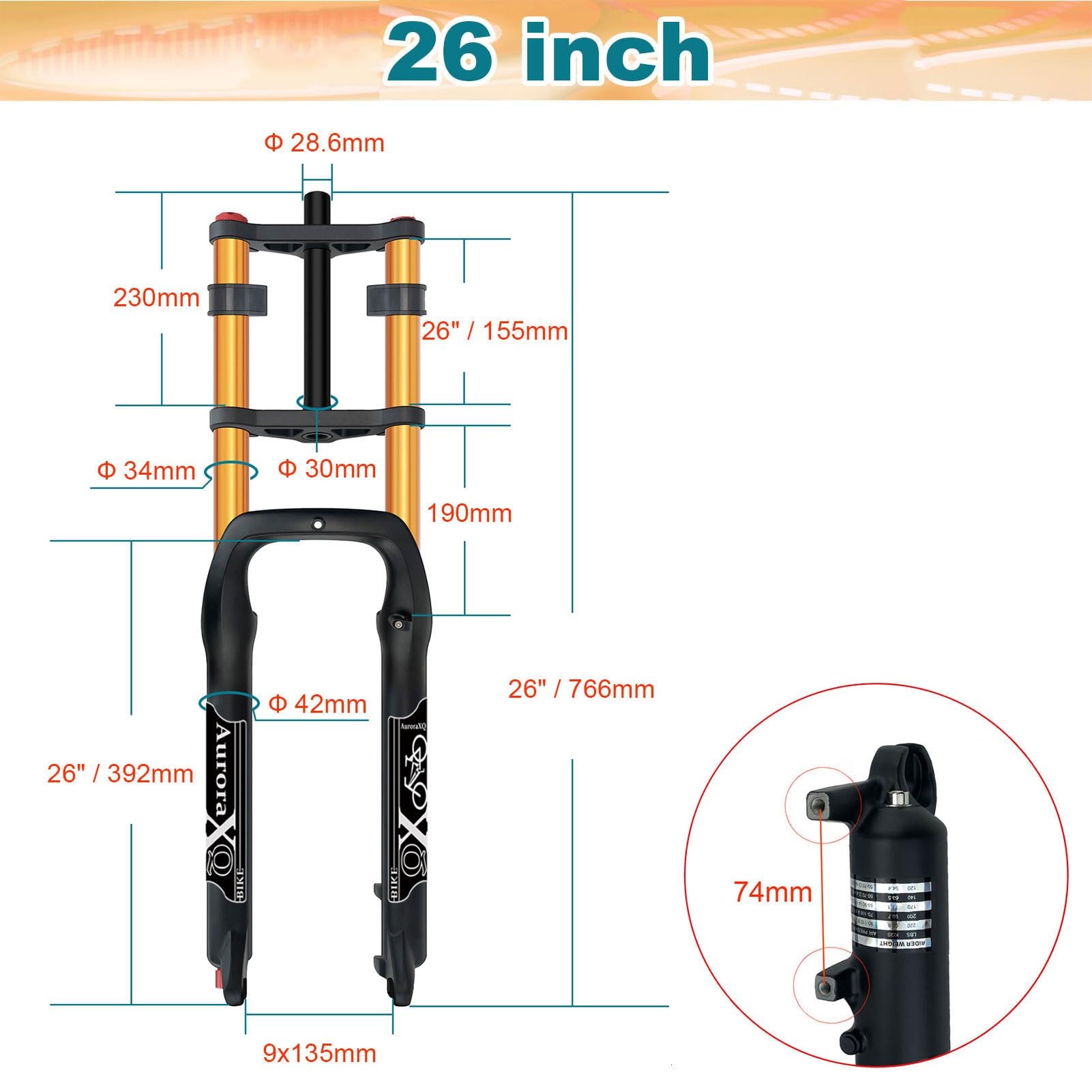 Forcella Ammortizzata AuroraXQ per Bici da 26" x 4", Adatta a Pneumatici da 26" 4.0", Escursione 190 mm, Regolazione del Ritorno per Freni a Disco, 9x135 mm, Oro/Nero.