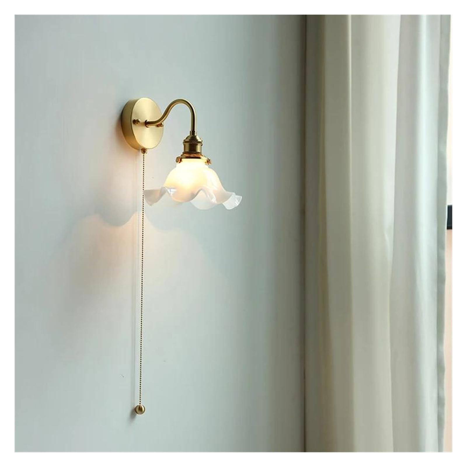 JYBNBBE Wall Sconces, White Glass LED Wall Light Fixtures Pull Chain Switch Bedroom Bathroom Mirror Copper Nordic Sconce Wandlamp Luminaria