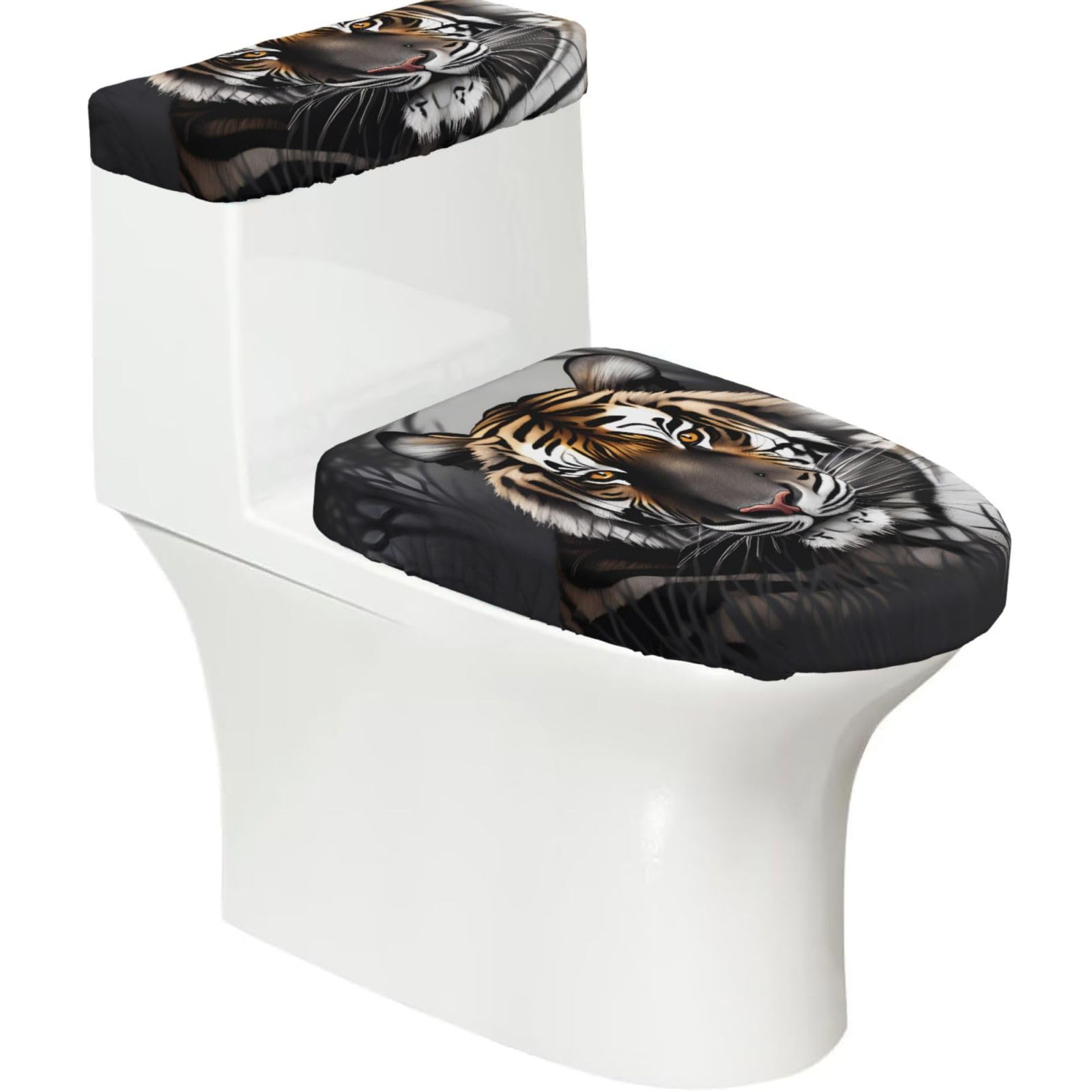 Tiger at Rest Elastic Toilet Cover Set of 2-Stretchy Lid and Tank Covers for Bathroom, Soft Washable U Shape Toilet Decor