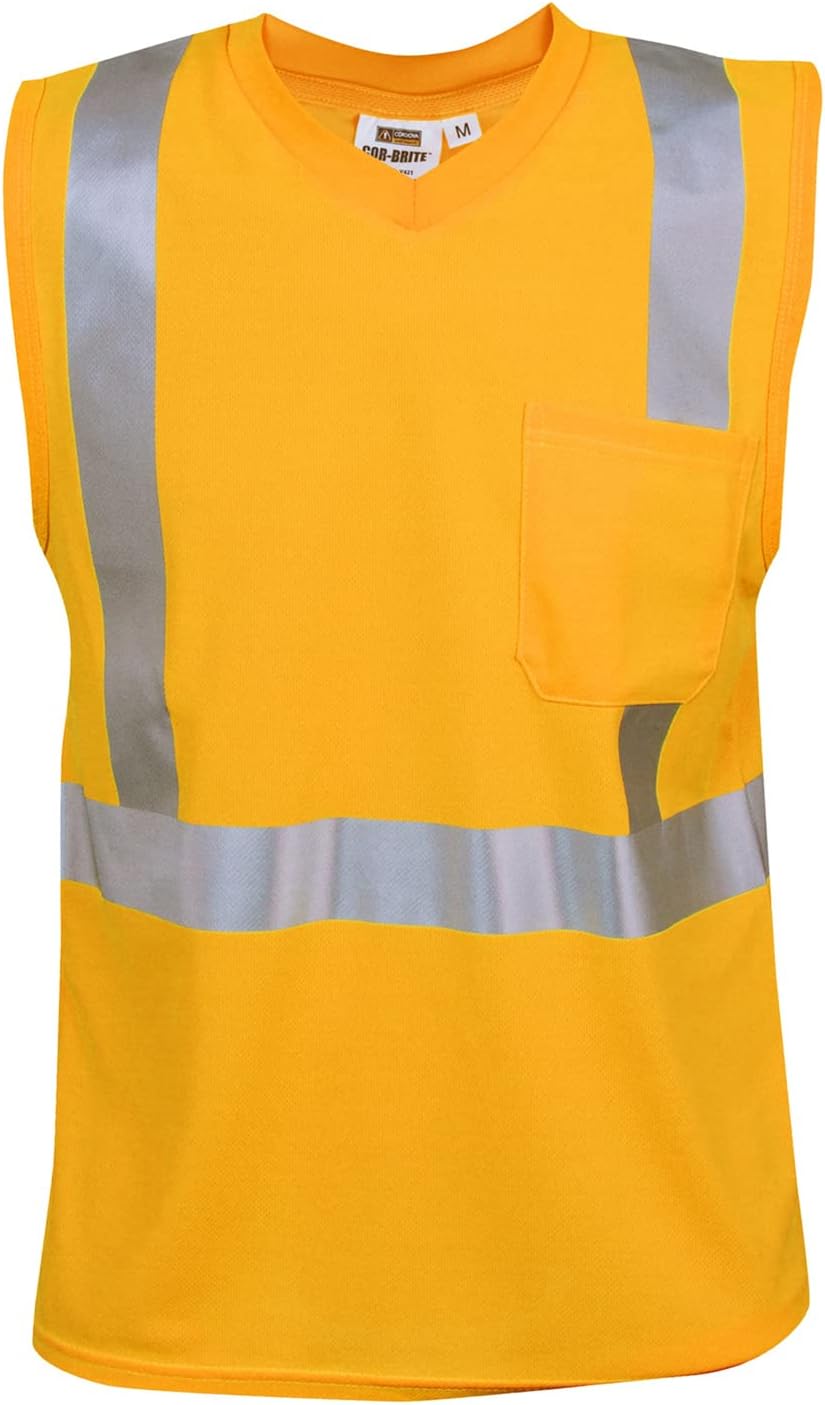 Cordova V421 Cor-Brite Type R, Class II, Lime Birdseye Mesh T-Shirt, Sleeveless, Chest Pocket, 2-Inch Silver Reflective Tape