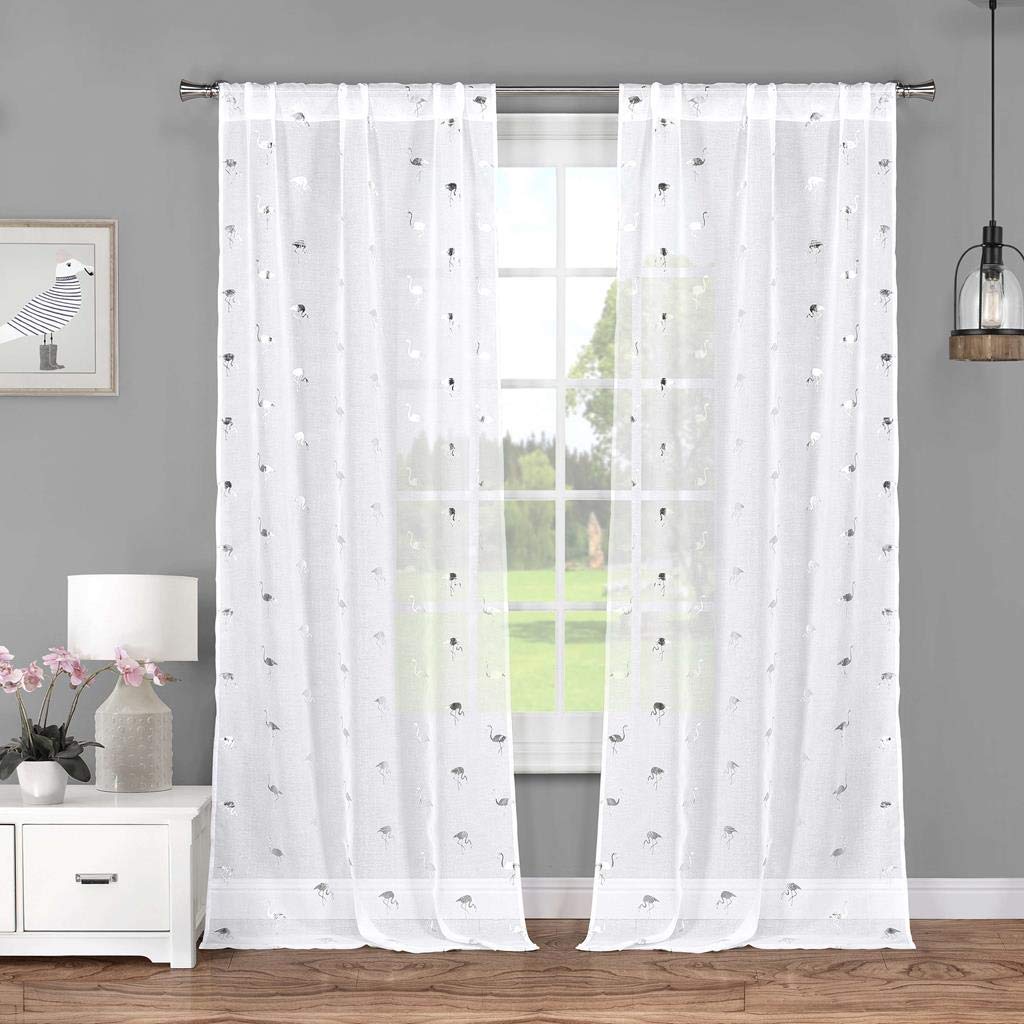 Lala + Bash Sandie Metallic Birds Pole Top Window Curtain Drapes for Bedroom, Livingroom, Kids Room, Children, Nursery-Assorted Colors-Set of 2 Panels, 37 x 84 Inch, White & Silver