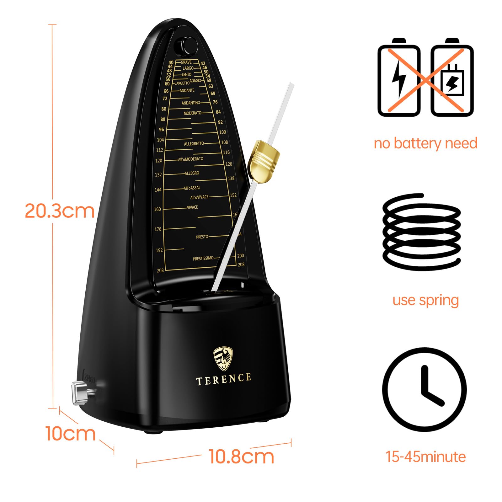 TERENCE Mechanical Metronome Metronome Digital Classic Shape Accurate Beat Metal Movement Convenient Use For practice for Guitar Piano Bass Drum Violin Metronomes for Adult and Children Black - Image 4