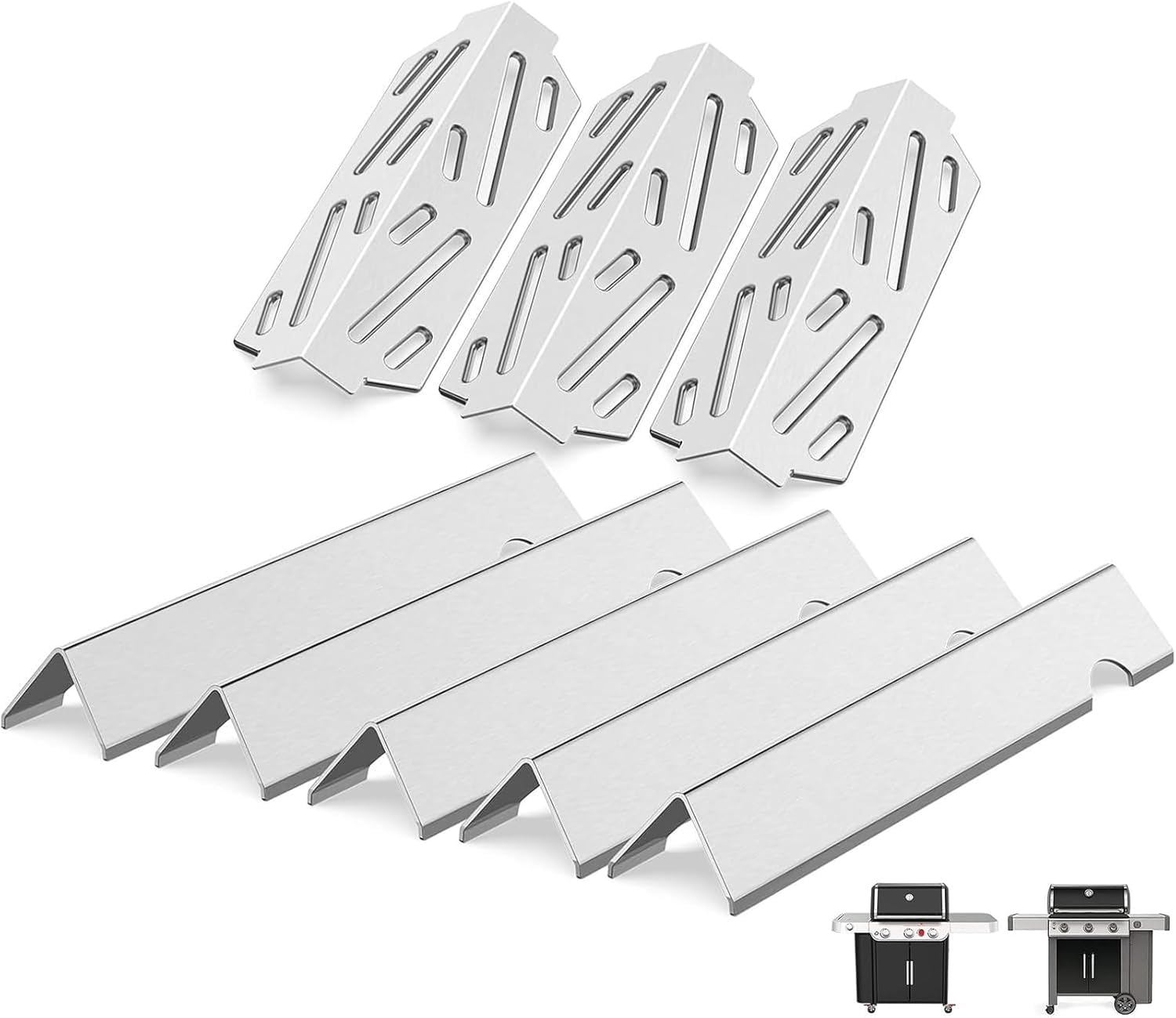 QuliMetal 66795 Flavorizer Bars and 66040 Heat Deflector for Weber Genesis II 300 /LX 300 Series, Genesis II E-310 E-315 S-335 Grill Parts, Stainless Steel Replacement for Weber 66032 66685 (5+3)