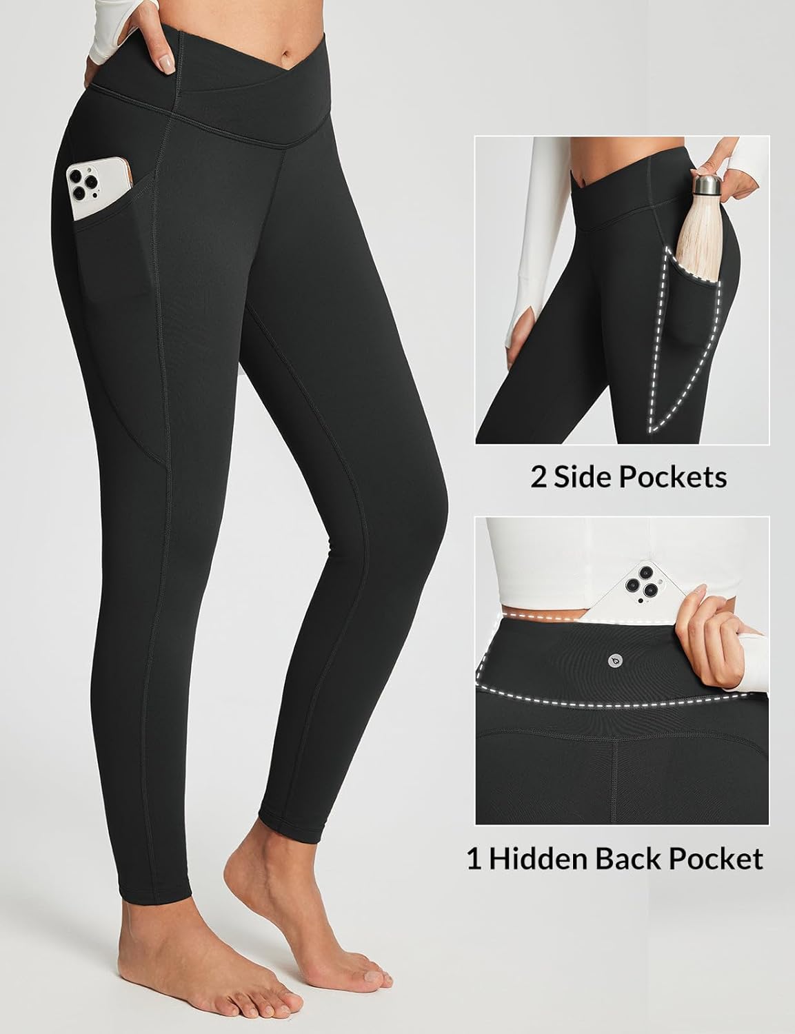baleaf Women's Crossover Fleece Lined Leggings with Pockets Thermal Warm Winter Tights Crossover High Waisted Yoga Pants - Image 4