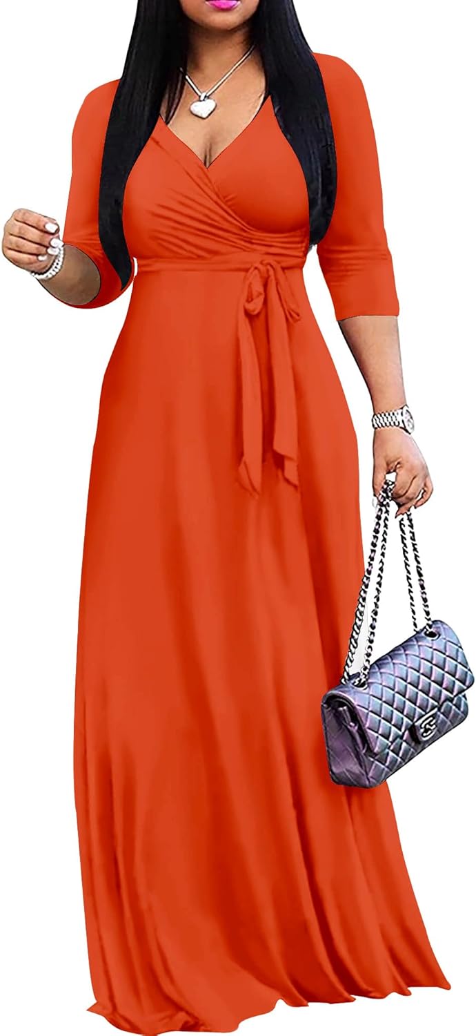 Mrskoala Women Plus Size Long Maxi Wrap Dresses Summer Sundress V-Neck 3/4 Sleeve