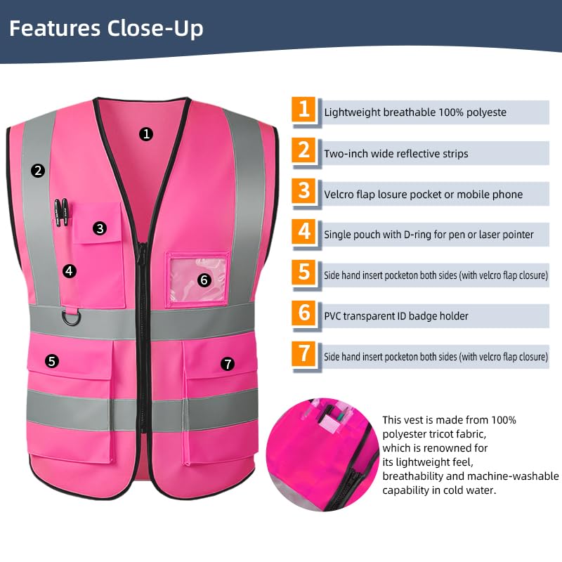 Image of High Visibility Safety Vest with Reflective Strips & Pockets