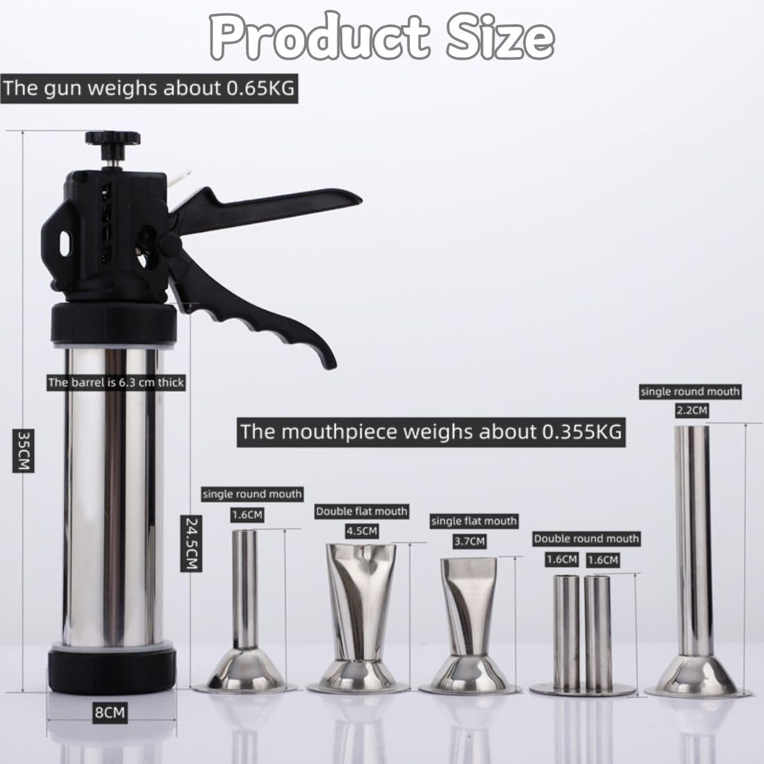 Jerky Gun, Stainless Steel Jerky Maker,Sausage Stuffer Machine,Sausage Maker Large Capacity Beef Gun Kit with 5 Stainless Steel Nozzles 2 Small Brushes for Indoor, Outdoor Camping