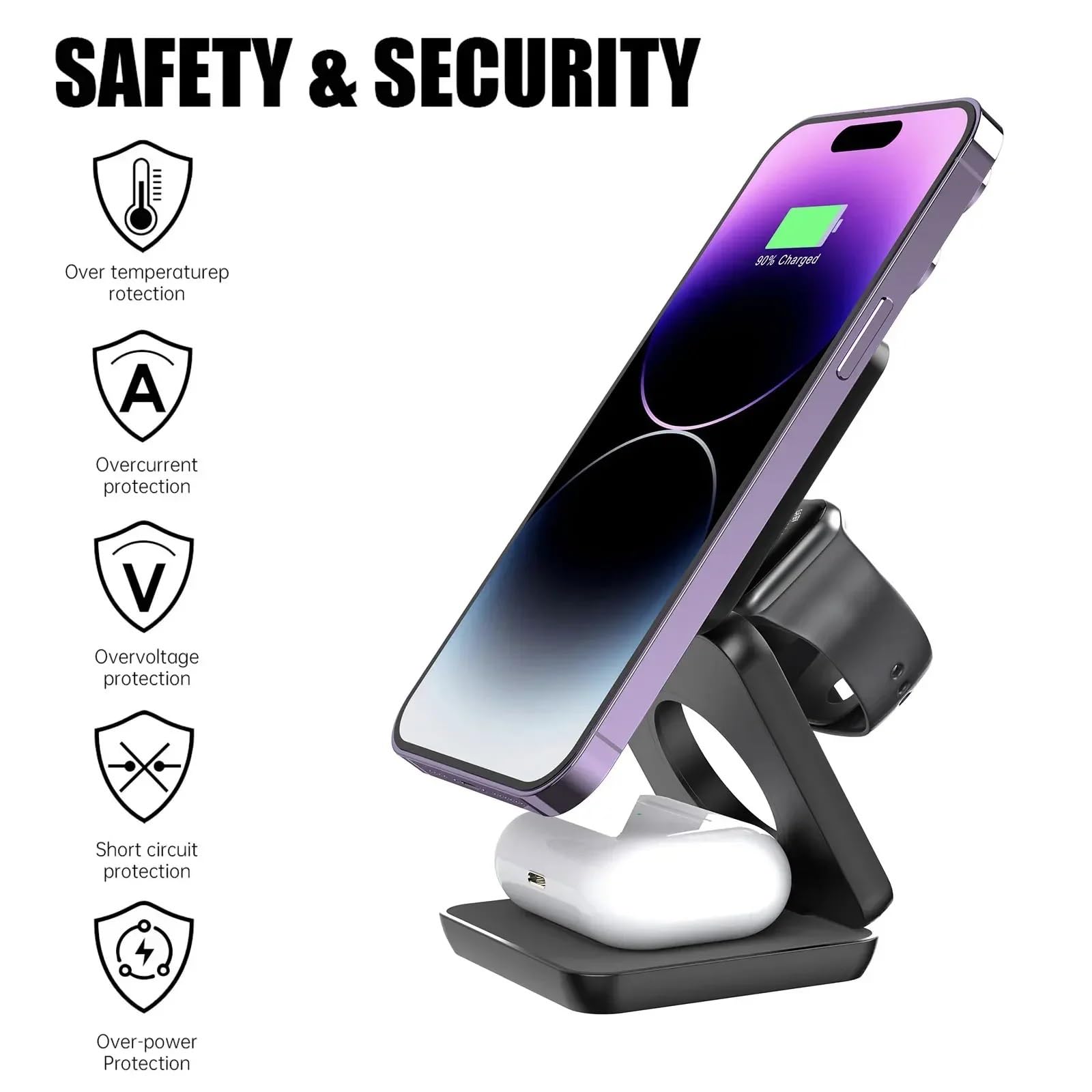 Stazione di ricarica wireless 3 in 1 magnetica pieghevole per telefono 15 14 13 12 Pro Max IWatch 8 9 caricabatterie (nero)