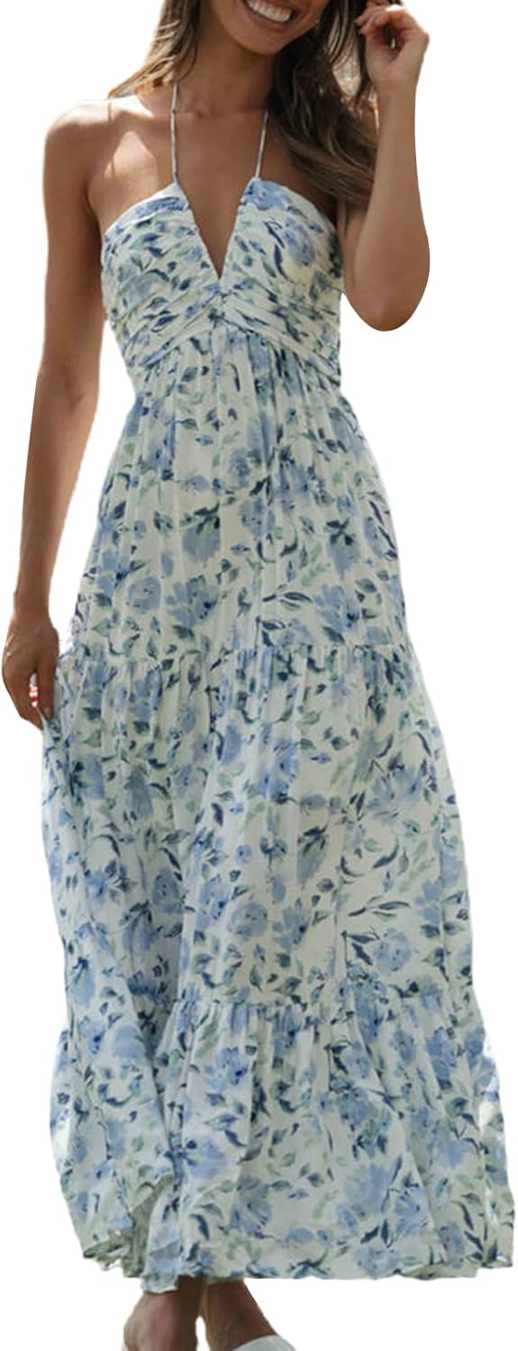 Women Floral Halter Neck Maxi Dress Summer Tie-Up Sleeveless Backless Long Dress Flowy Ruffle Sundress - Image 4