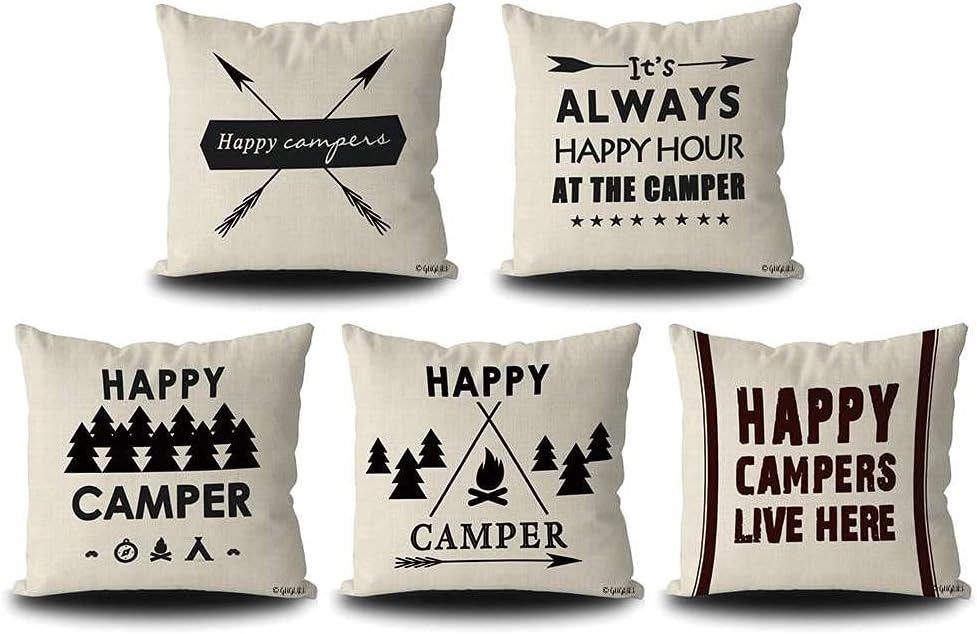 Set of 5 Happy Campers Throw Pillow Cover Forest Campfire Retro Arrows Indoor Outdoor Decorative Cotton Linen Pillowcase Cushion for Home Sofa Couch Car 18x18 Inch Square