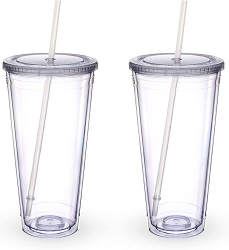 Luxfuel Vaso de acrílico de 32 onzas con tapa y pajitas vaso de plástico transparente de doble pared vaso aislado reutilizable con tapas perfecto
