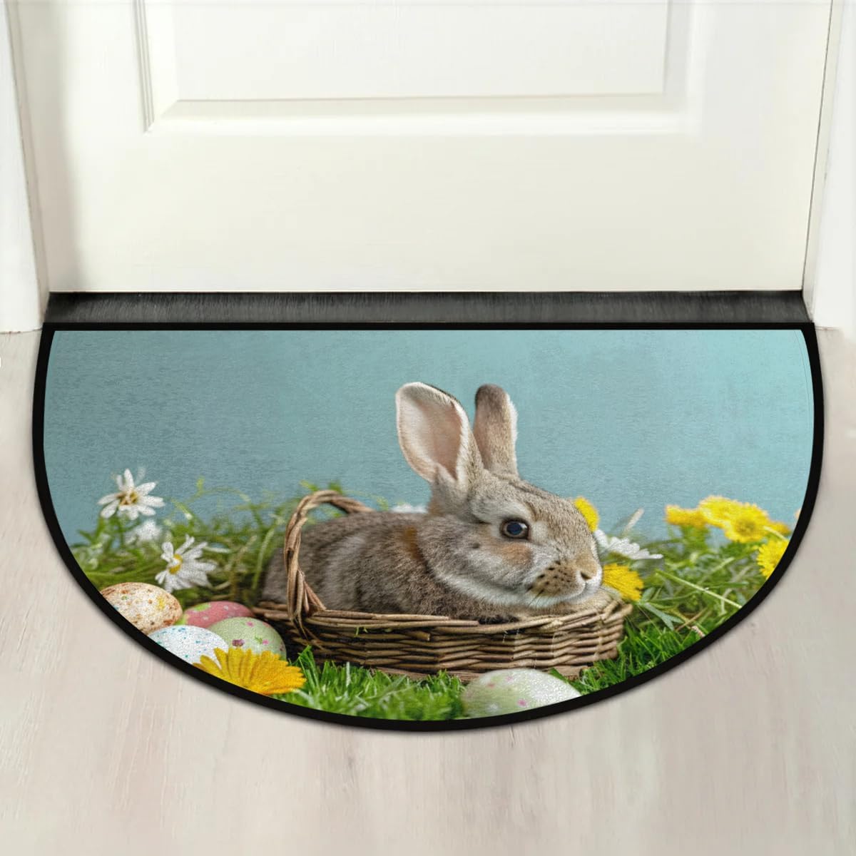 cfpolar Half Round Door Mat Eggs Bunny Flower Non-Slip Semi Circle Area Rug Washable Semi Circle Floor Rug for Indoor Outdoor Living Room Bathroom Kitchen Patio Hearth Rugs Home Decoration