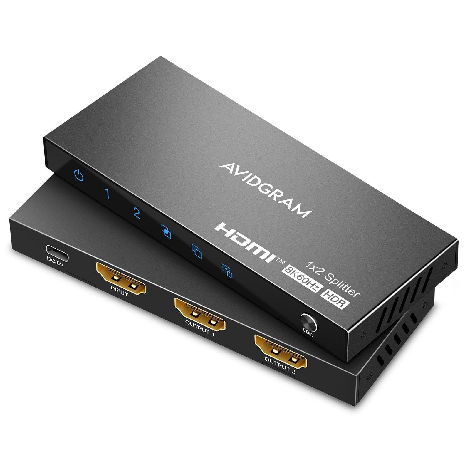 Splitter HDMI 1 in 2 Out 8K 60Hz, AVIDGRAM 2.1 HDMI Distributore 1 in 2 Out con downscaler, copia e supporto per la modalità automatica 4K 120Hz, 1080p 120Hz, HDMI2.0, HDCP 2.3 HDR10 40Gbps