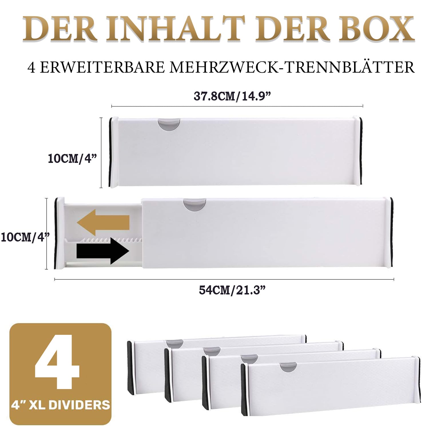Lot 4 Séparateurs De Tiroir Réglables 37.5-54cm - Organisateurs Cuisine, Bureau, Salle De Bain En Plastique ABS