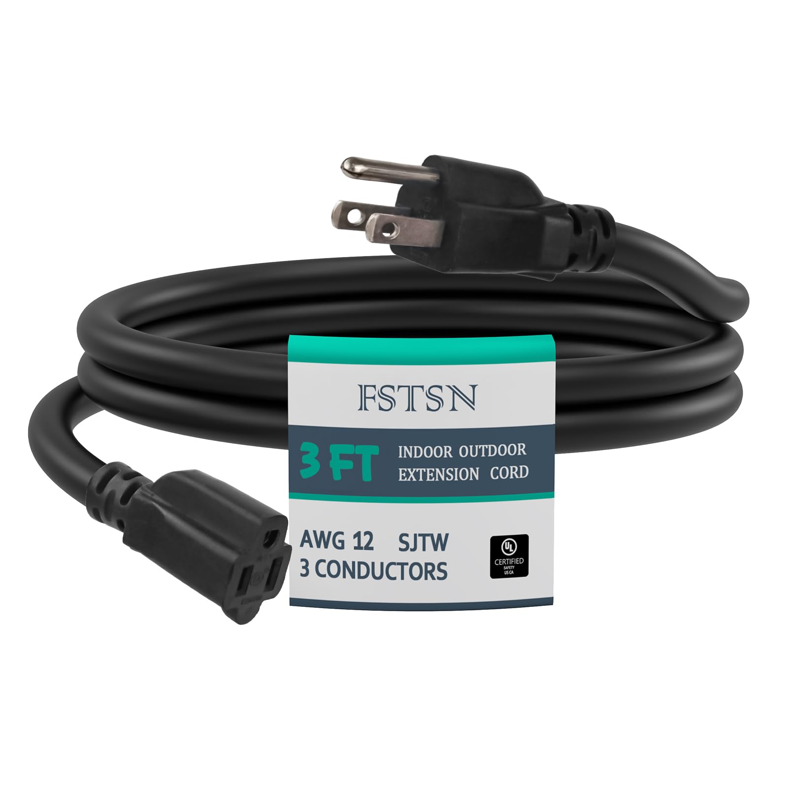 3 ft Heavy Duty Extension Cord - 12/3 SJTW 15 AMP Indoor Power Cord with 3 Prong Grounded Plug for Lawn Mower, Appliances, Workshop, Christmas Lights Water Resistant Flexible Cable 12 Gauge