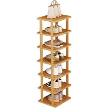 5/7/8 Tier Narrow Shoe Rack, Compact Bamboo Shoes Storage for Slim Space, Tall Vertical Shoe Organizer, Corner Shoes Shelf, for Entryway Hallway Bathroom, Rustic Brown M