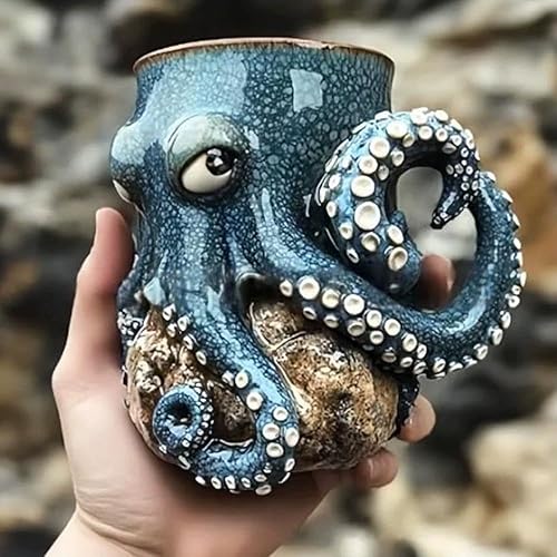 Miniatura 4 de Taza de pulpo de criatura oceánica para decoración del hogar, soporte para bolígrafo de pulpo 3D, único y novedoso con mango de tentáculo, bigote,