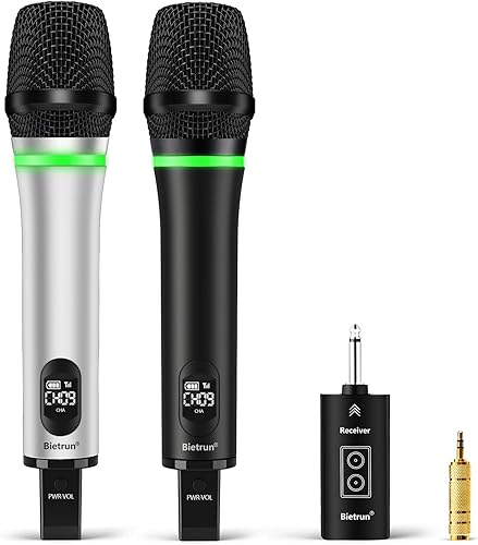 Miniatura 12 de Bietrun Micrófono inalámbrico XLR, micrófonos dinámicos de mano recargables de metal dual inalámbricos para mezclador, interfaz de audio, sistema