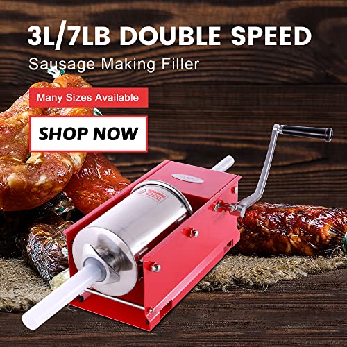 Hakka 7 Lbs(3 Liter) Sausage Stuffers 2 Speed Stainless Steel Horzontal Sausage Makers #TOP1