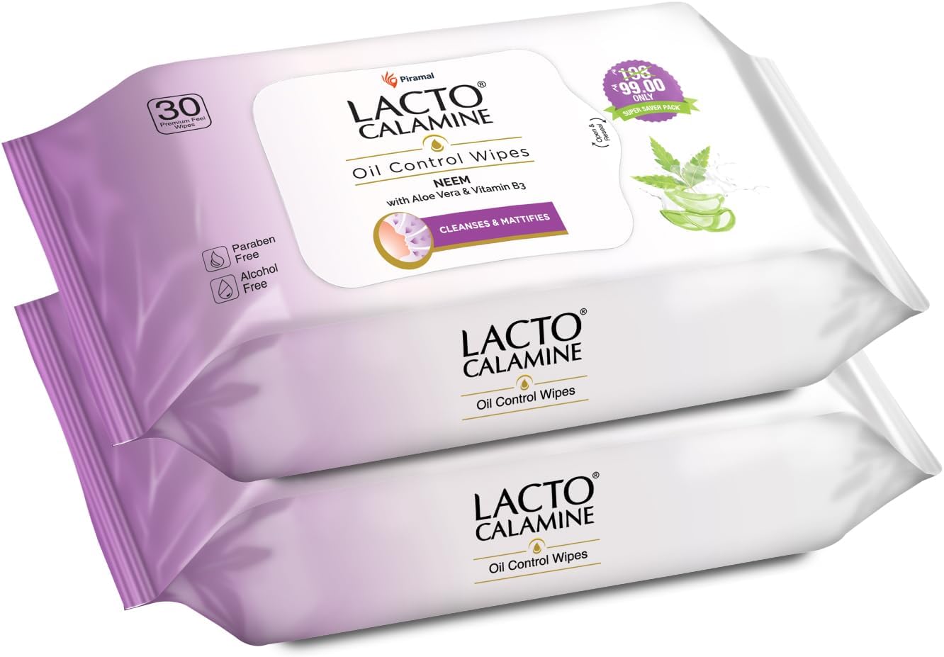 Lacto Calamine Oil Control Face Wipes 30N each- Pack of 2 | Makeup Remover Wipes | Wet Tissue for Face With Neem, Aloe Vera & Niacinamide | Wet Wipes for Women & Men | Pararben & Alcohol Free