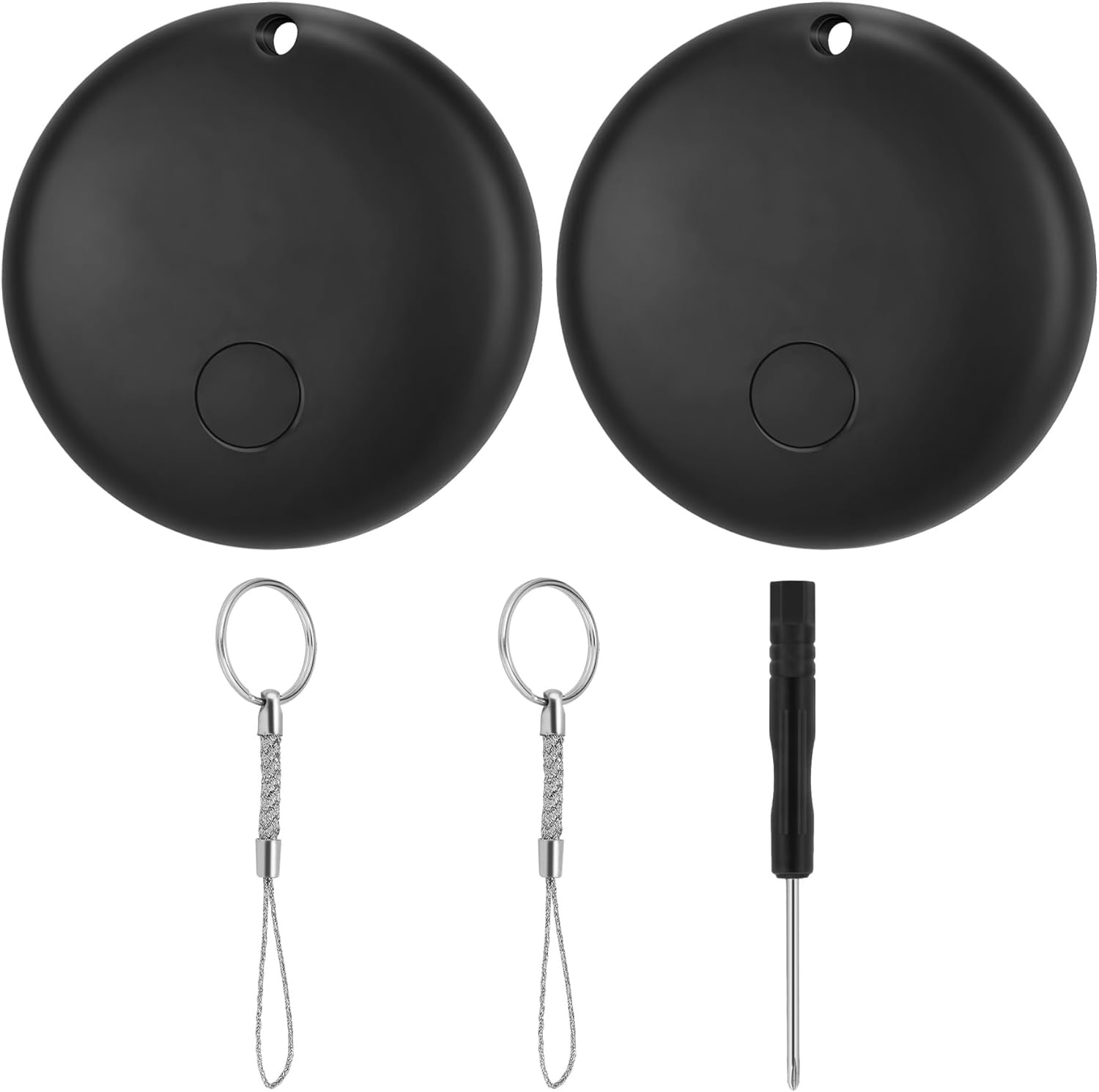 Two black LOSHALL Smart Tags with keyrings and a small screwdriver