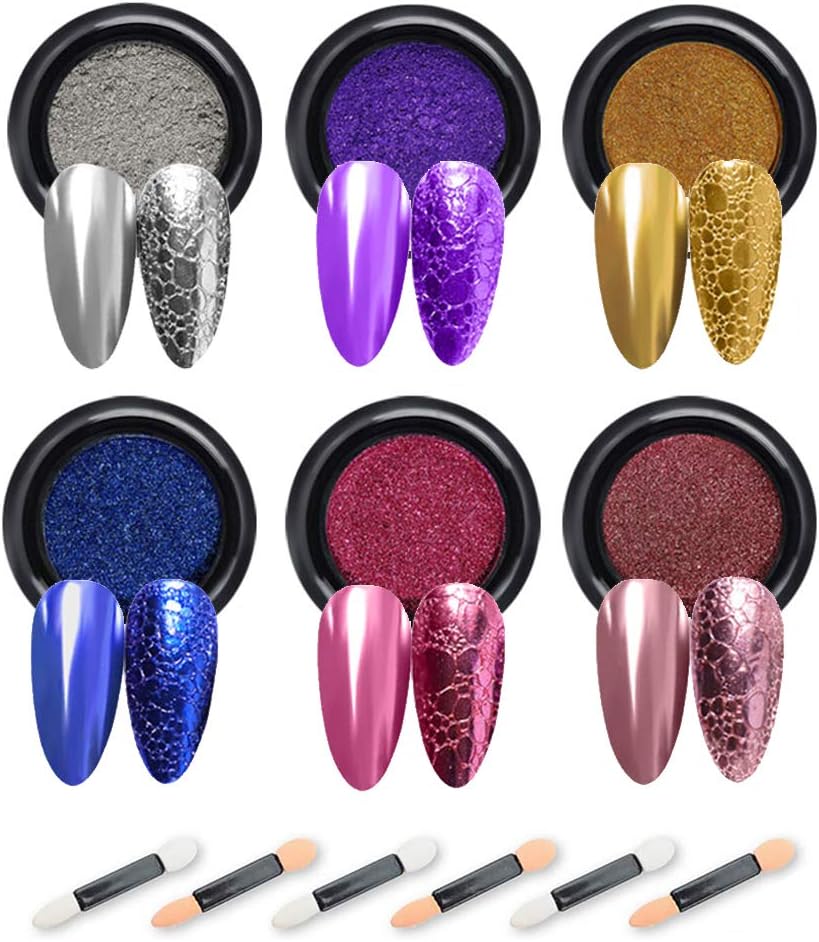 DAGEDA Chrome Nail Powder, 6 Color Holographic Mirror and Bubble Effect Nail Art Decoration Manicure Pigment With 6pcs Sponge Sticks