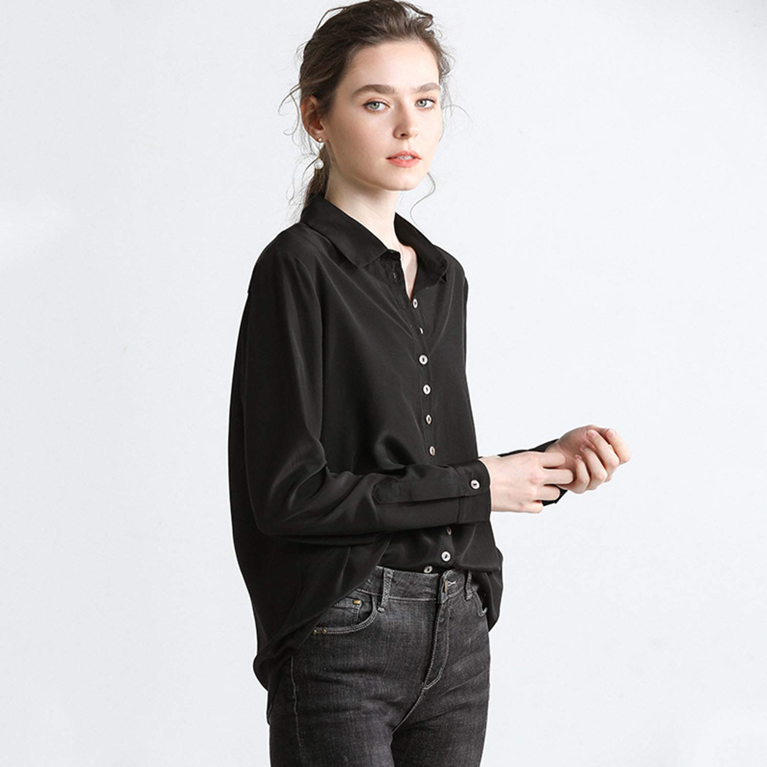 Camicia Chic di Seta Nera, Tuta Basic, Top A Manica Lunga, Blusa da Ufficio