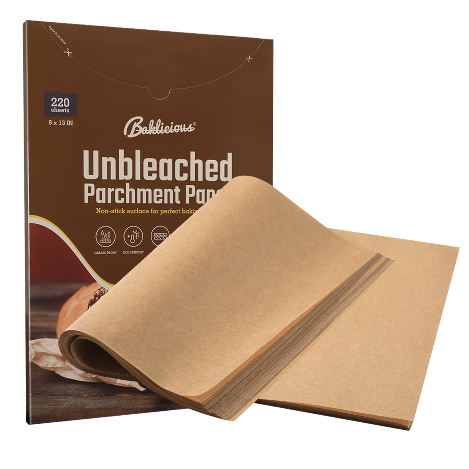 BAKLICIOUS 220 Pcs 9x13 inch Unbleached Parchment Paper Baking Sheets, Baklicious Pre-cut Heavy Duty Parchment Baking Paper for Air Fryer, Oven, Bakeware, Steaming, Cooking Bread, CupCake, Cookies