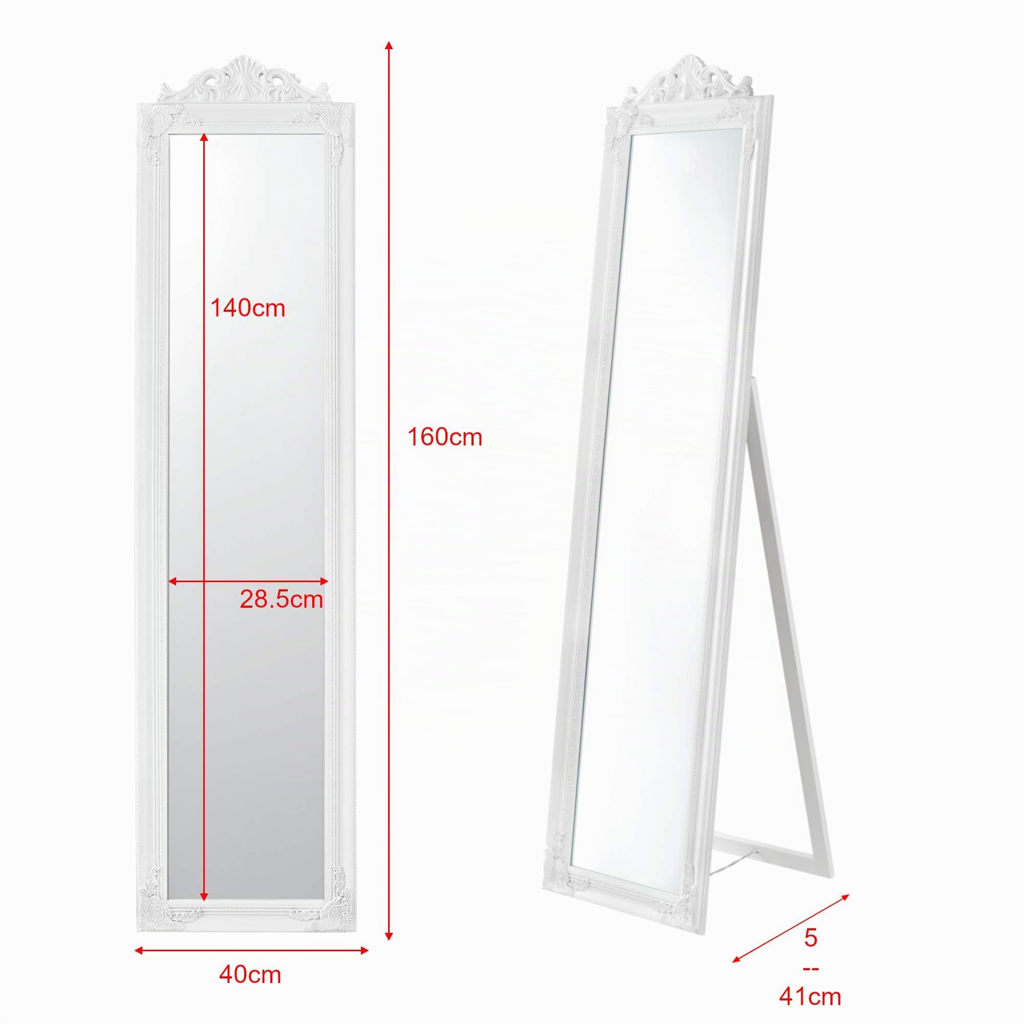 [en.casa] Espejo de Pie Cuerpo Entero Arezzo Espejo Recibidor Estilo Barroco con Soporte Ajustable Inclinable Rectangular Decoración Salón Dormitorio Marco de Eucalipto 160 x 40 cm - Blanco