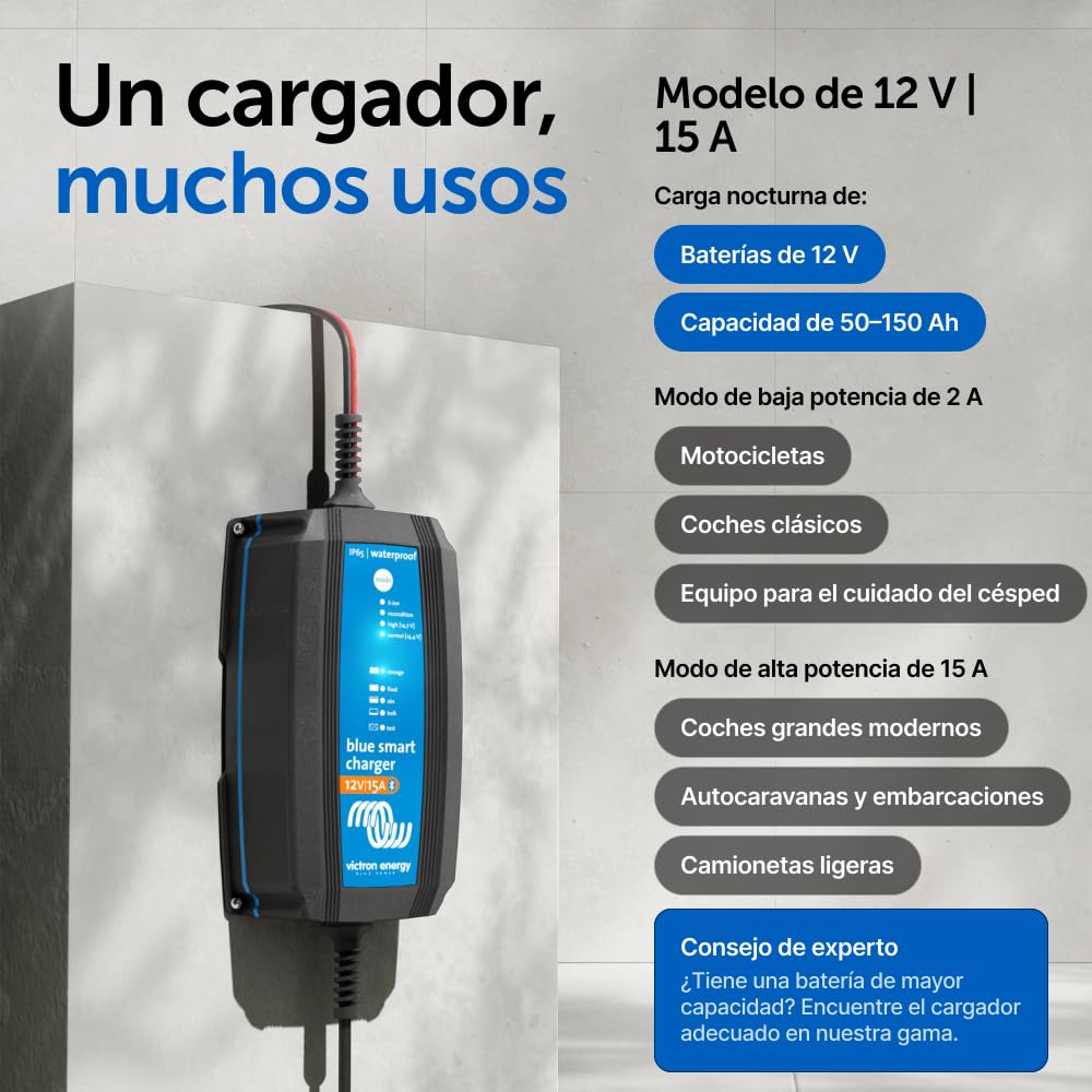 Victron Energy Blue Smart IP65 12-Voltios 15 amperios 230V, Cargador de Batería, Bluetooth (CEE 7/17)