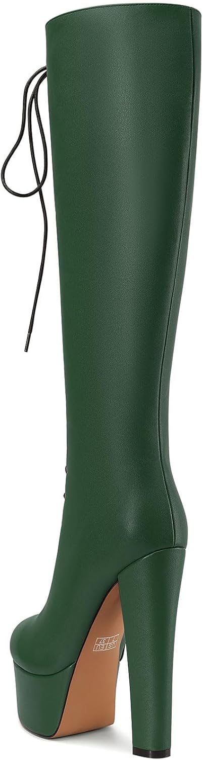 Castamere Womens High Heel Platform Lace Up Boots Chunky Heel Mid-Calf Boot with Zipper Round Toe 6 Inch Heels