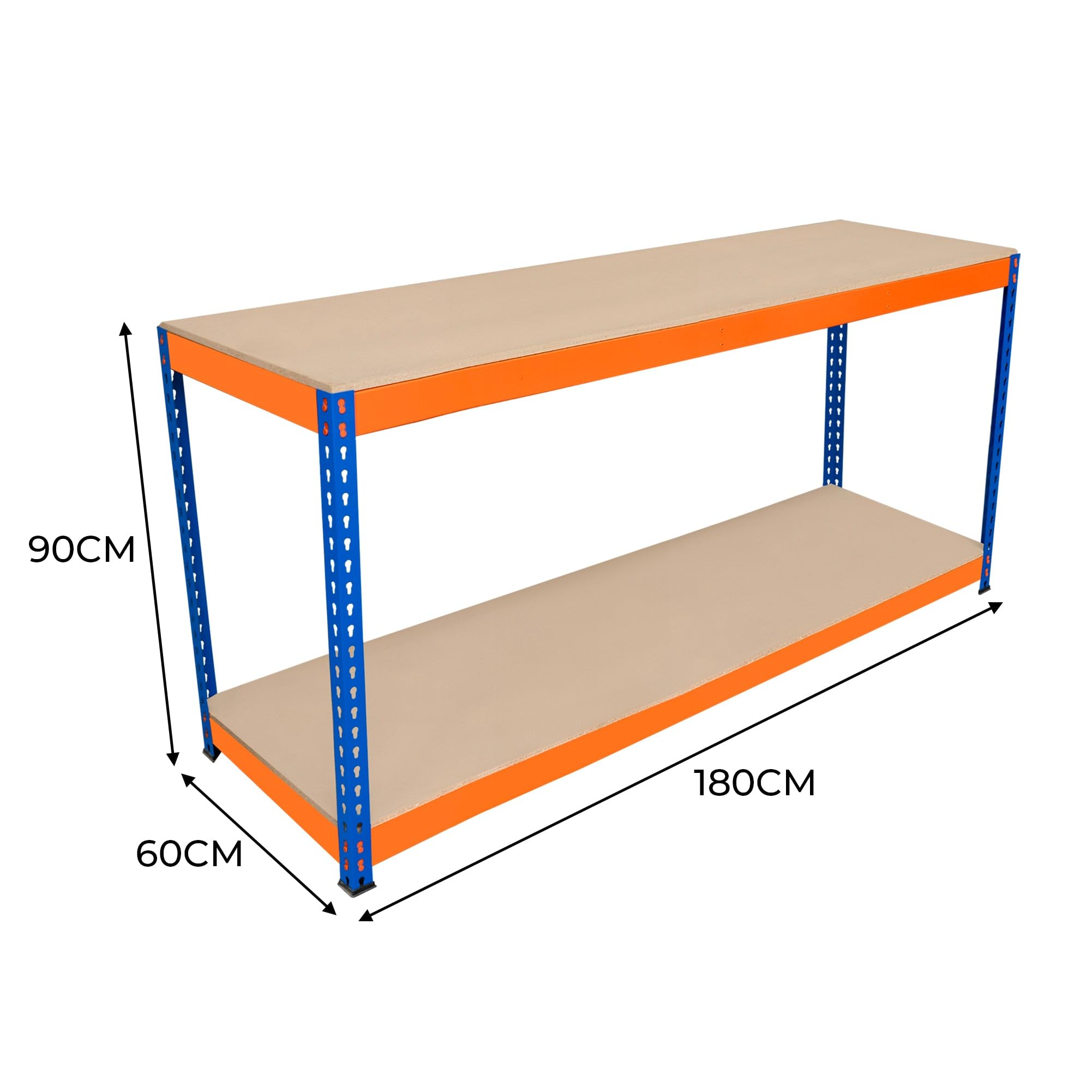 S-Rax 2-stufige Werkbank 180cm x 60cm x 90cm | 300kg/Regal & 6 verstärkte Stützbalken | Werkstatttisch Arbeitstisch | Stahl, Spanplatte & Gummifüße [Schraubenlos & Verstellbare Regalanordnung]