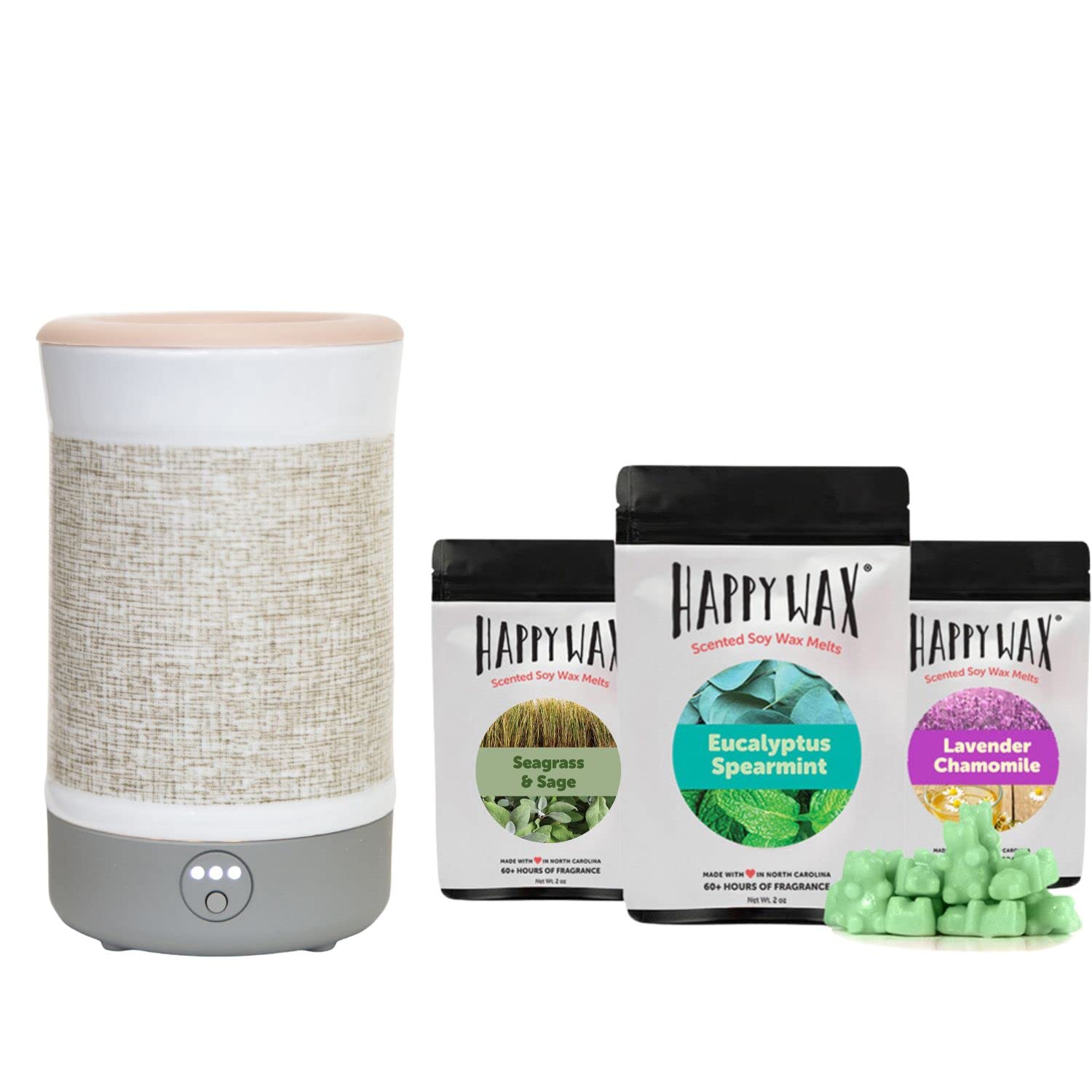 Happy Wax Canvas Signature Warmer and Spa Collection Scented Wax Melts Gift Set, Includes Seagrass & Sage, Eucalyptus Spearmint, and Lavender Chamomile.