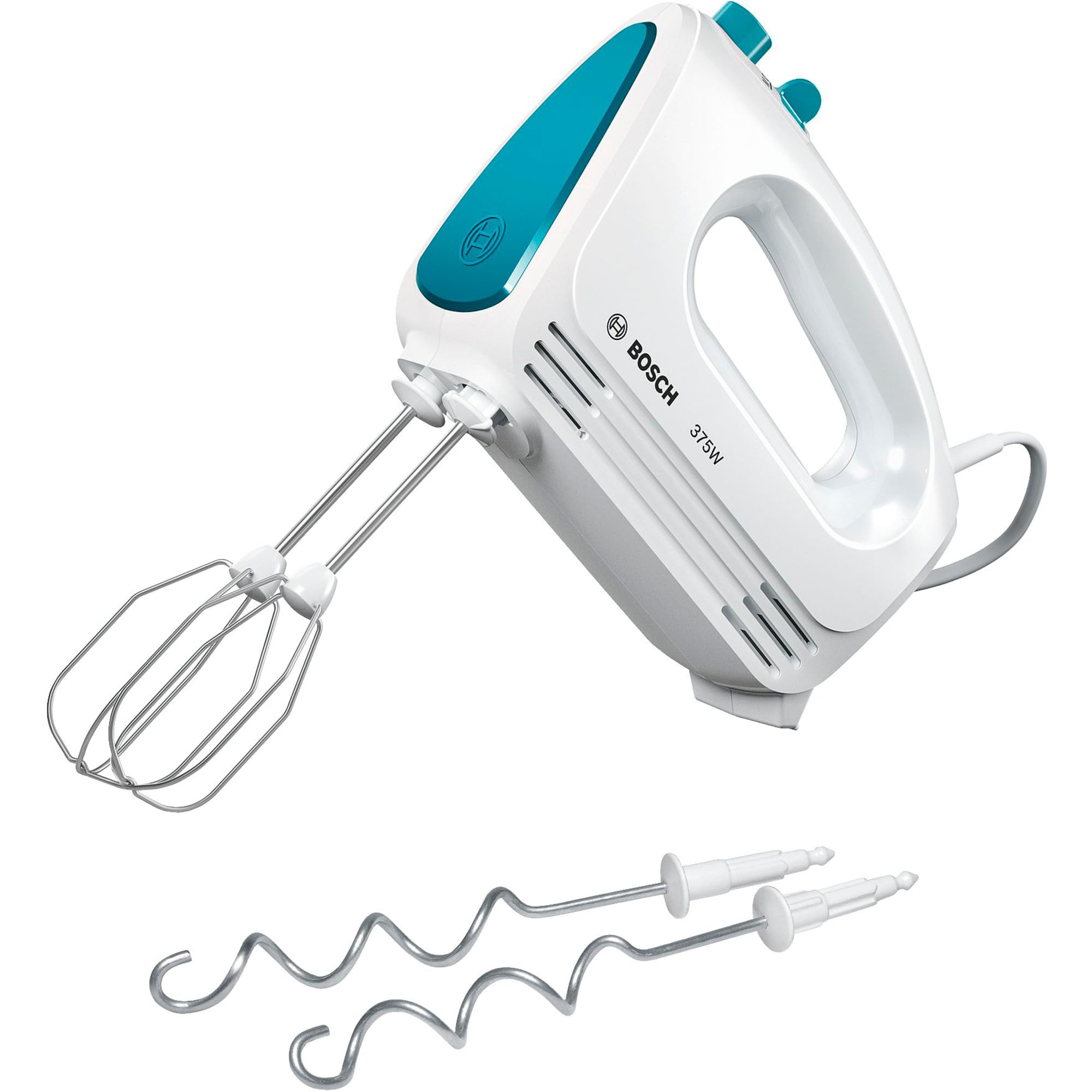 Bosch MFQ2210P – Mixer with Modern Motor Technique, 2 Rods, 2 Stainless Steel Dough Hooks, 4 Speed Levels, 375 W White – Dynamic Blue
