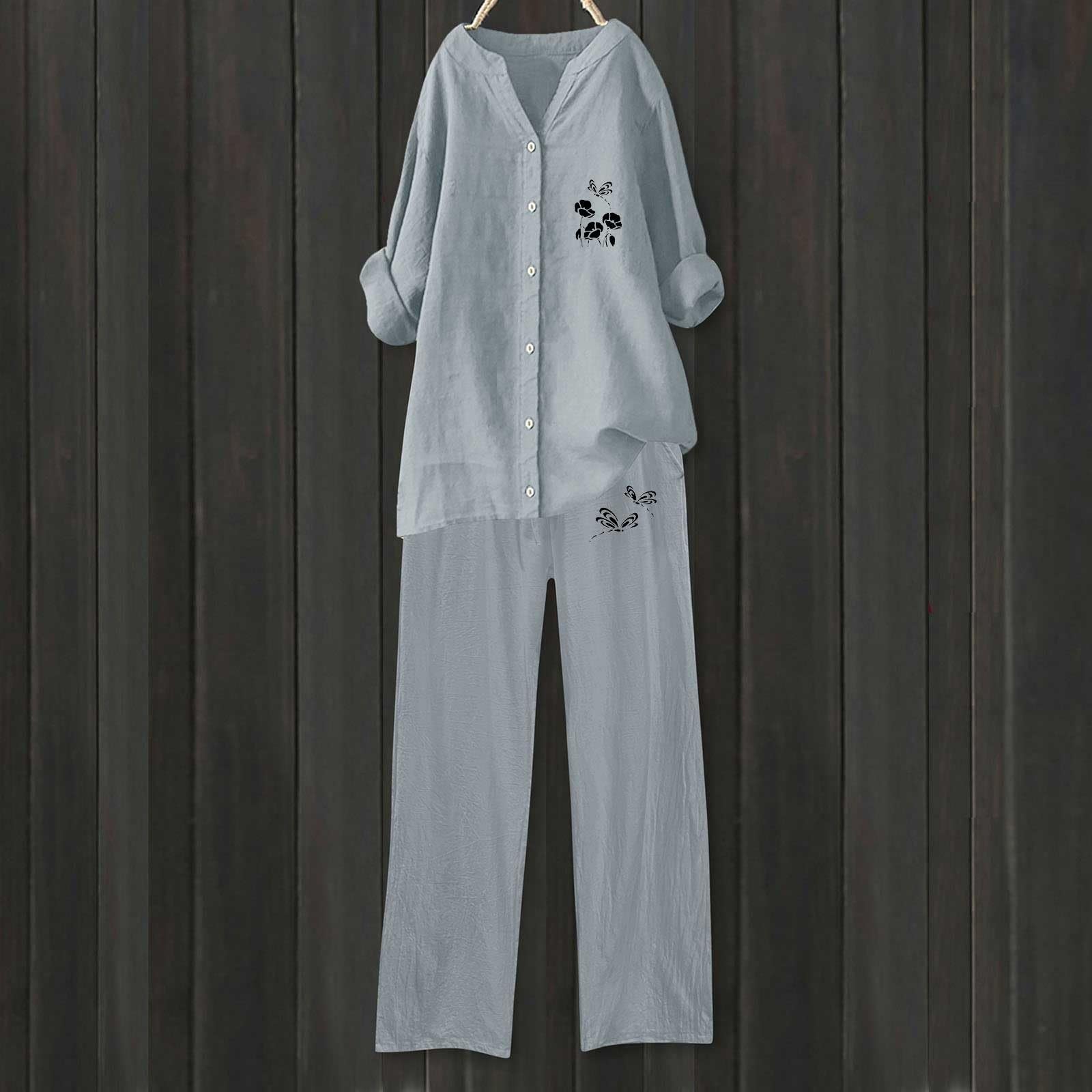 Hosenanzug Damen Hochzeit 2-teiliges Damen-Outfit, weites Bein, Bluse, Taschen, elastische Hose, lässiges V-Ausschnitt-Hemd, Hose, modische Streetwear Damen Zweiteiler Set Elegant Modisch Lässig