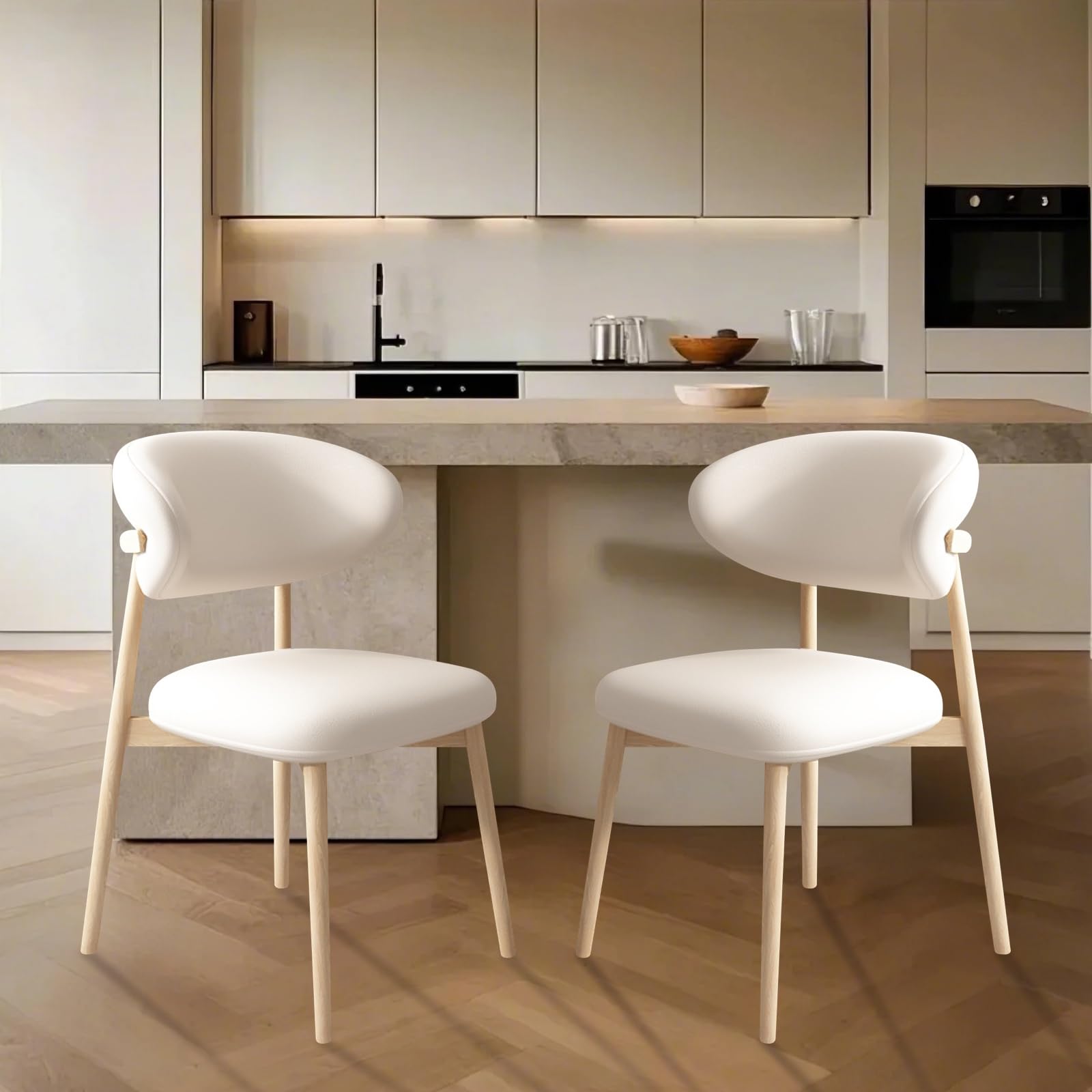 Upholstered Dining Chairs Set of 2,Mid Century Modern Kitchen Chairs with Back and Wood Frame,Faux Leather Dinner Chairs (White +Original Wood Legs, Set of 2)