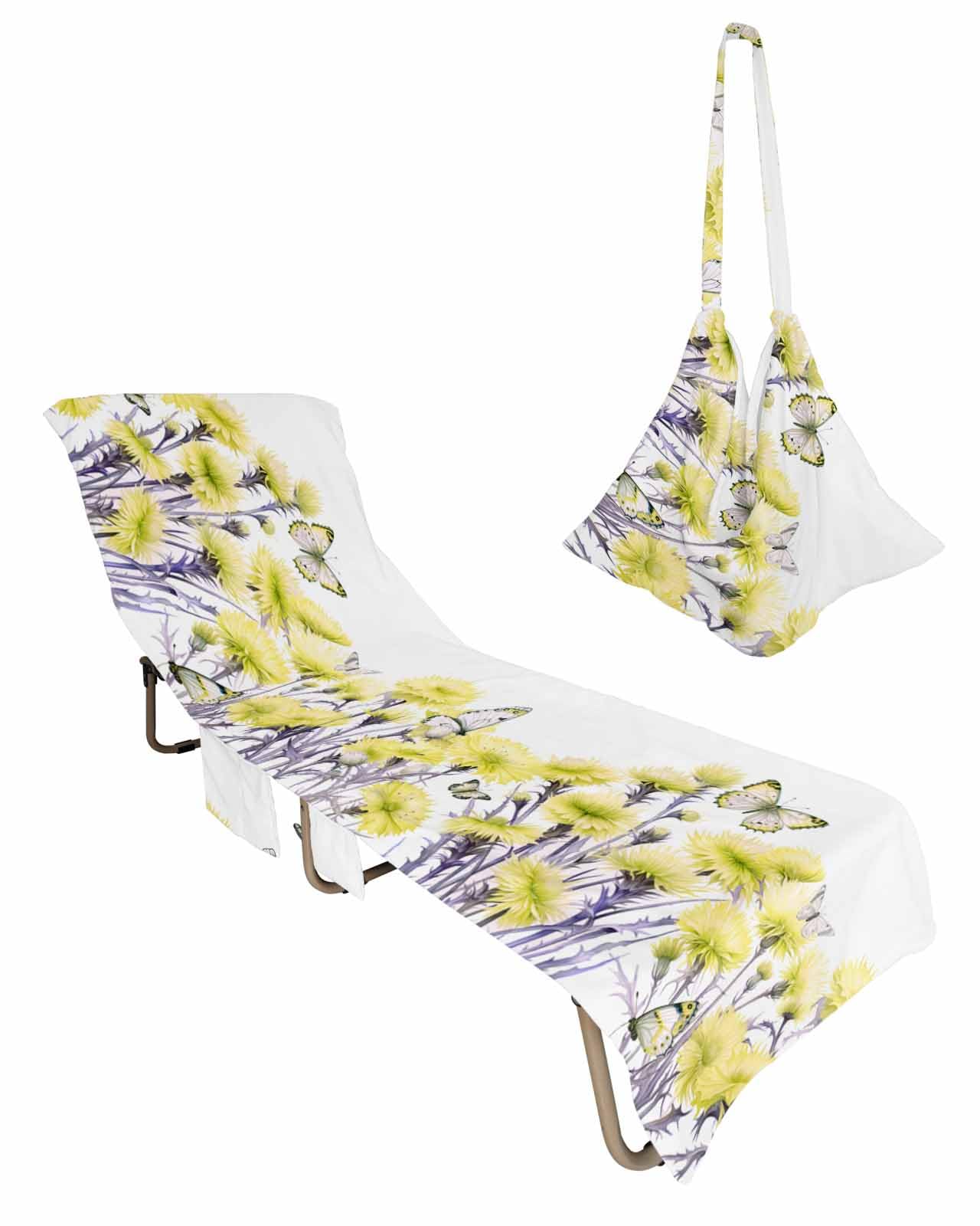Yellow Spring Floral Beach Lounge Chair Towel Cover, Soft Chaise Lounge Towel with Side Pockets Patio Pool Chairs Cover for Beach/Pool Sunbathing 29x85 Watercolor Summer Botanical Elegant