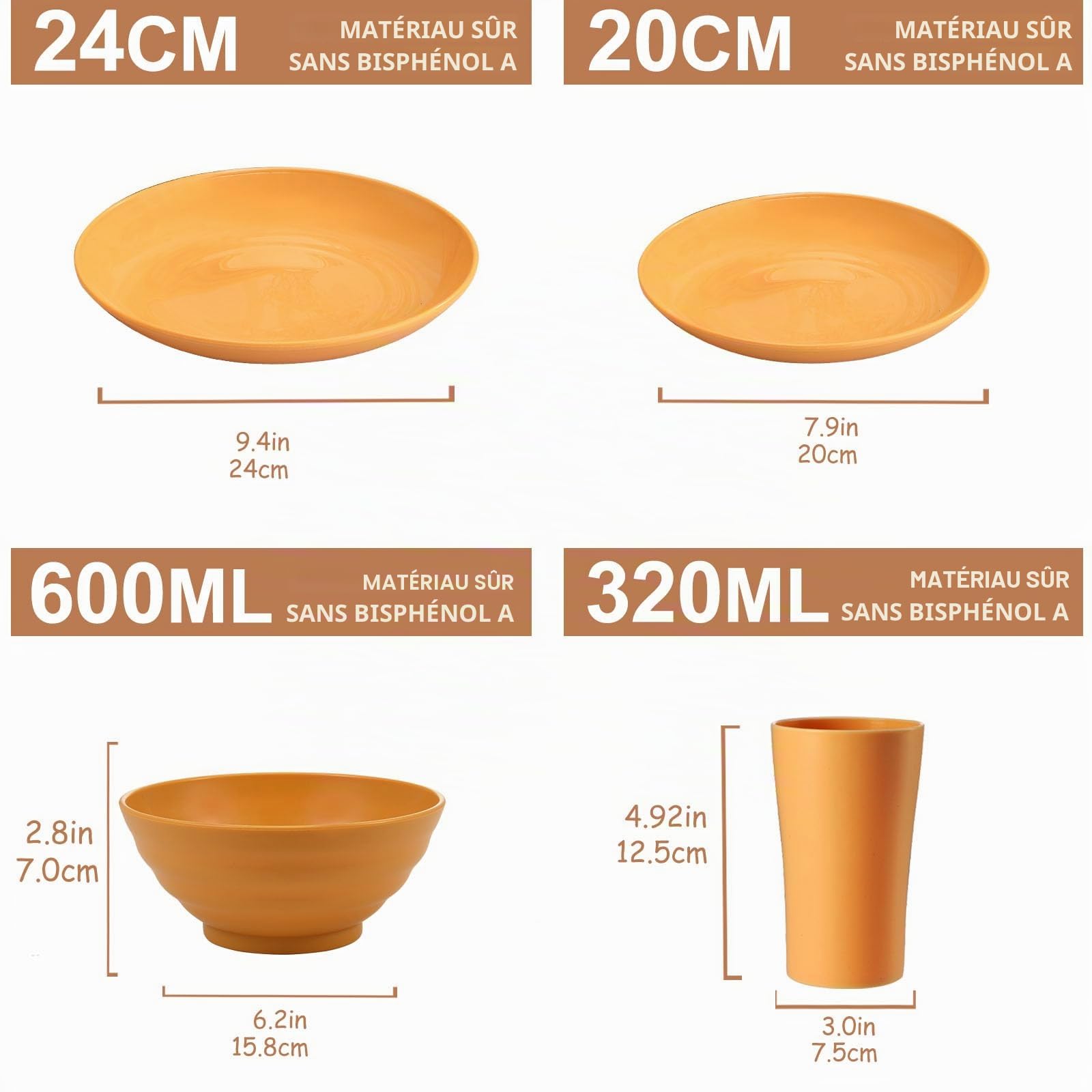 Bestdin Vaisselle de camping, 24 pièces, pour 6 personnes, incassable, vaisselle de pique-nique avec bol, assiette et gobelet pour camping, pique-nique, fête, sans BPA, passe au lave-vaisselle