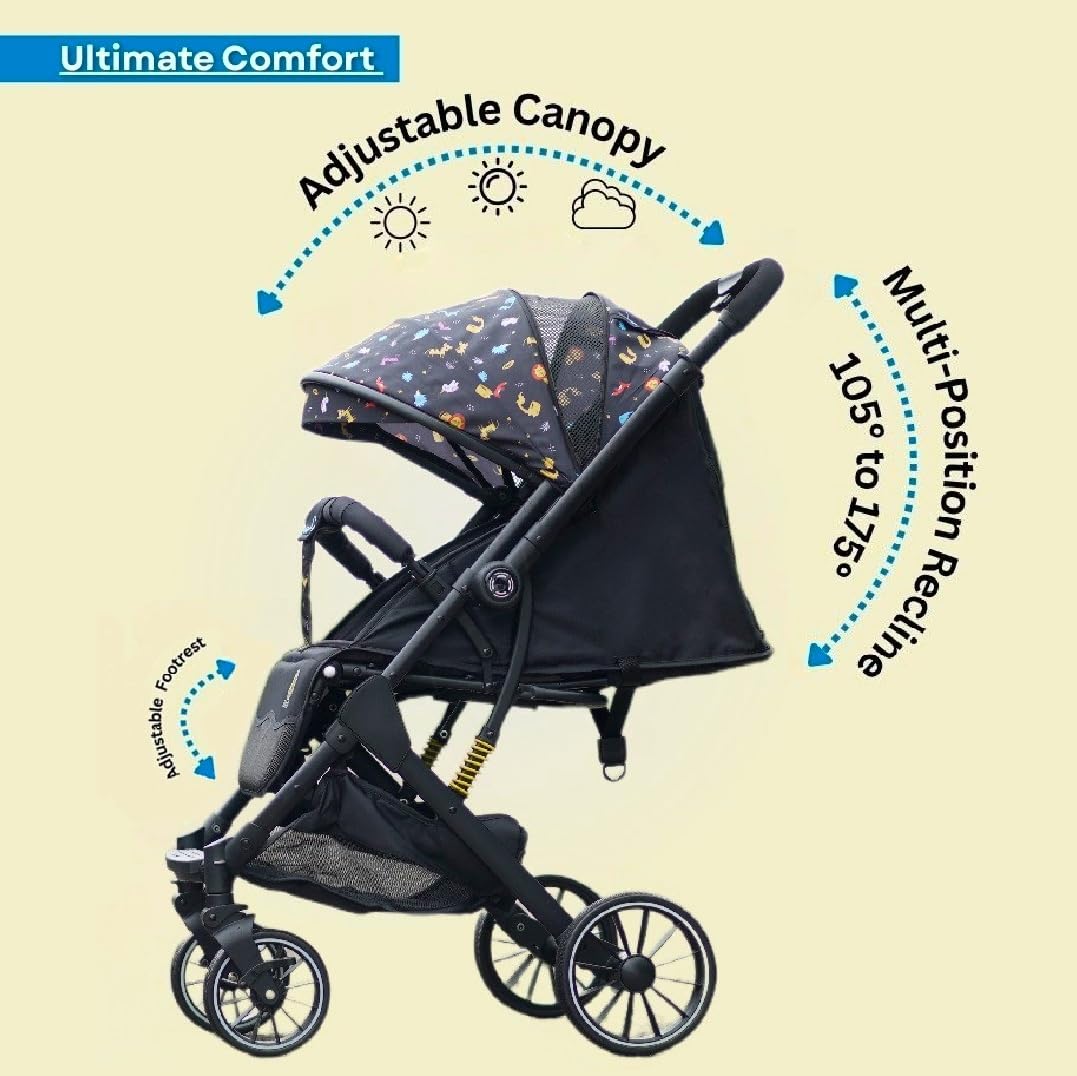 Chipzzie Travel Mate Premium Baby Stroller Pram β Reversible Handle, One-Hand Fold, Full Recline & Suspension | All-Terrain Large Wheels, Travel-Friendly | 5-Point Harness for Newborns to Toddlers 0-3 years (Black, Cartoon Print Canopy)
