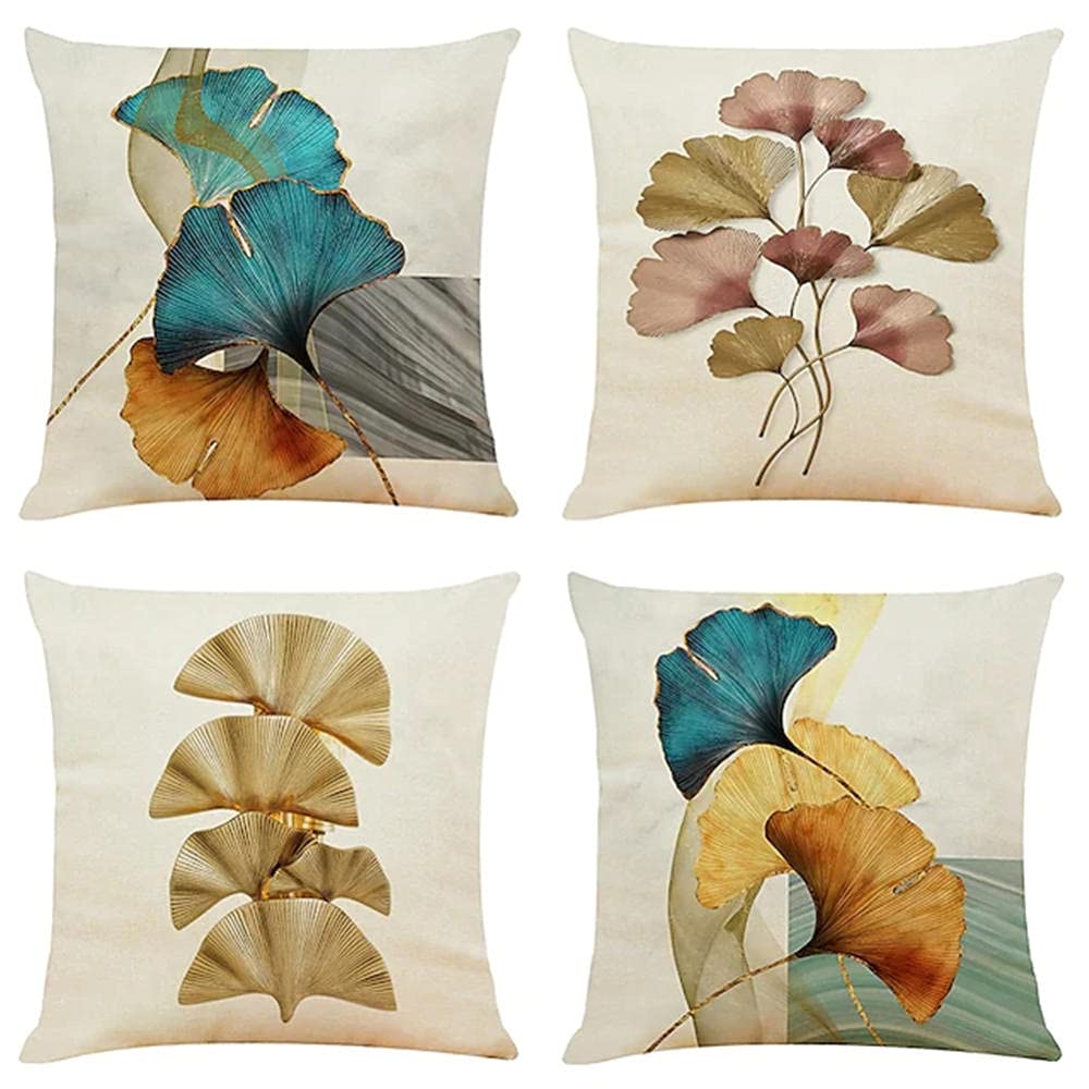 Fundas de Cojín Paquete de 4 Poliéster Lino 40x40cm Gingko Impreso Cuadrado Fundas de Almohada Serie de para Sofá Cama Decorativa Hogar Coche,Interior,Exterior